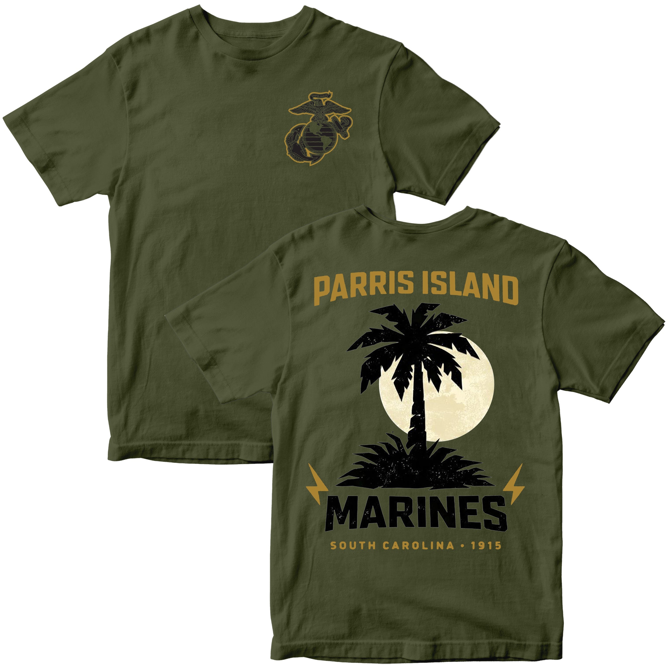 United States Marine Corps Parris Island South Carolina Palm Tree T-shirt with Marine Corps emblem. Green USMC Parris Island Tee