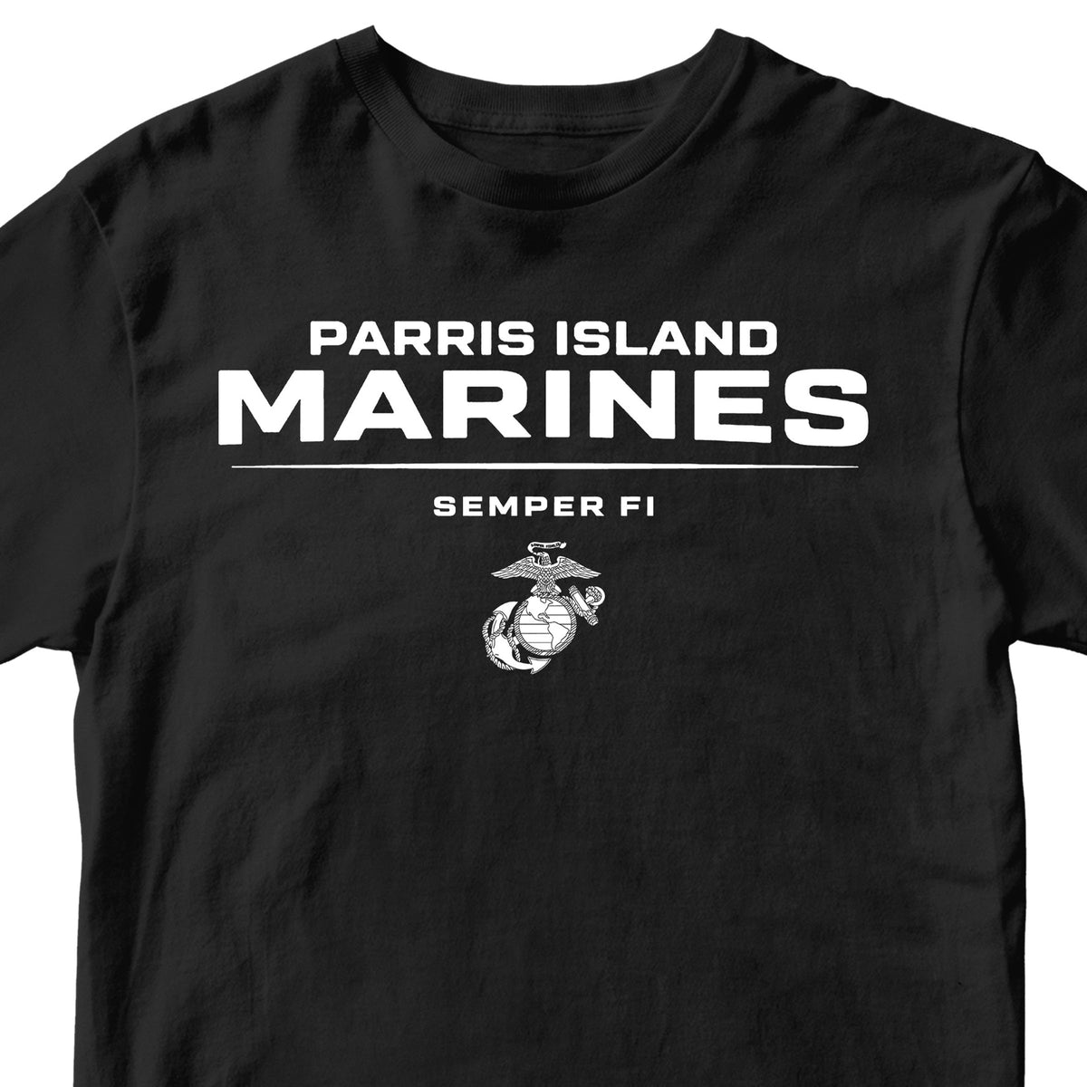 Black Parris Island Marines T-shirt with Eagle Globe and Anchor Marine Corps design. United States Marine Corps Parris Island Tee