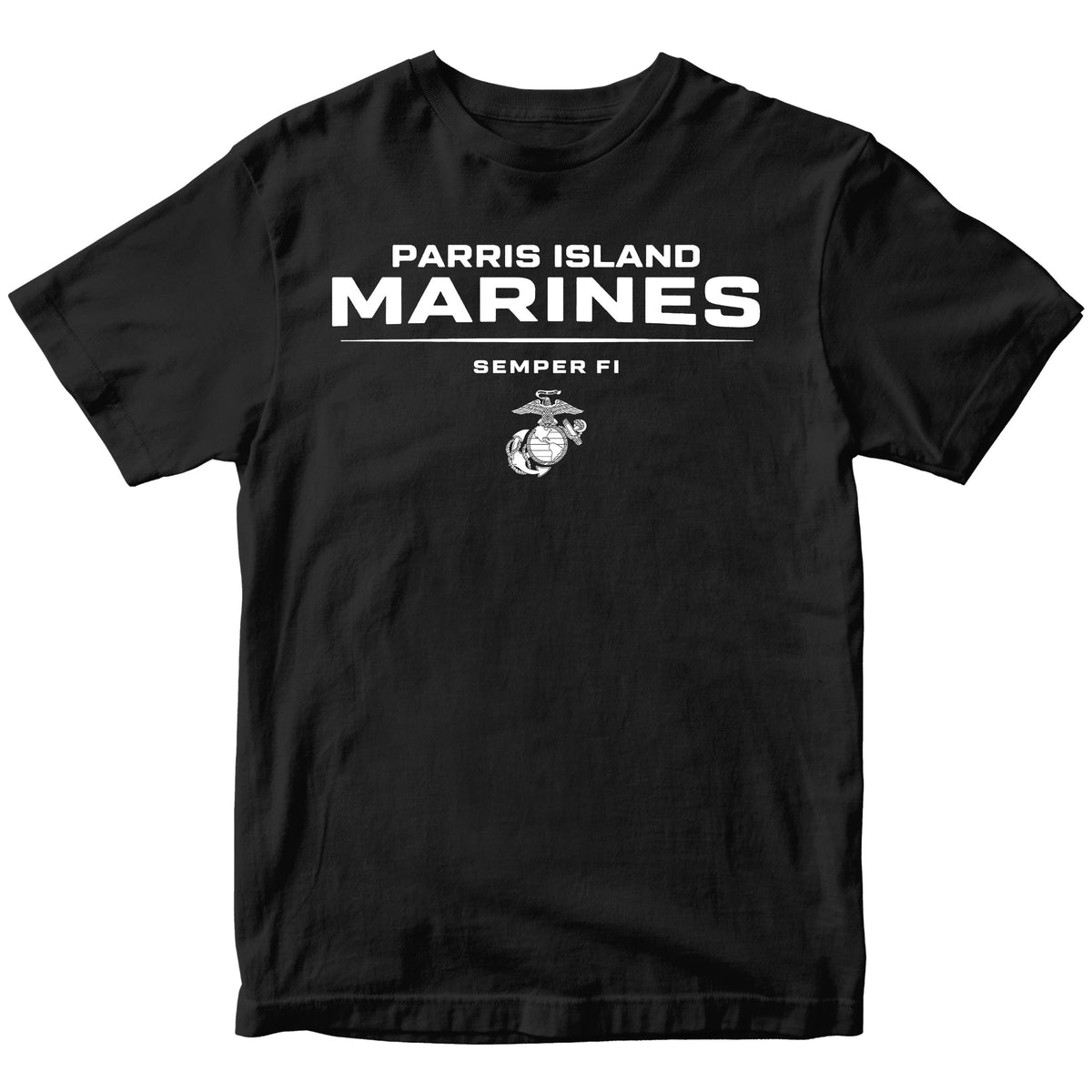 Black Parris Island Marines T-shirt with Eagle Globe and Anchor Marine Corps design. United States Marine Corps Parris Island Tee