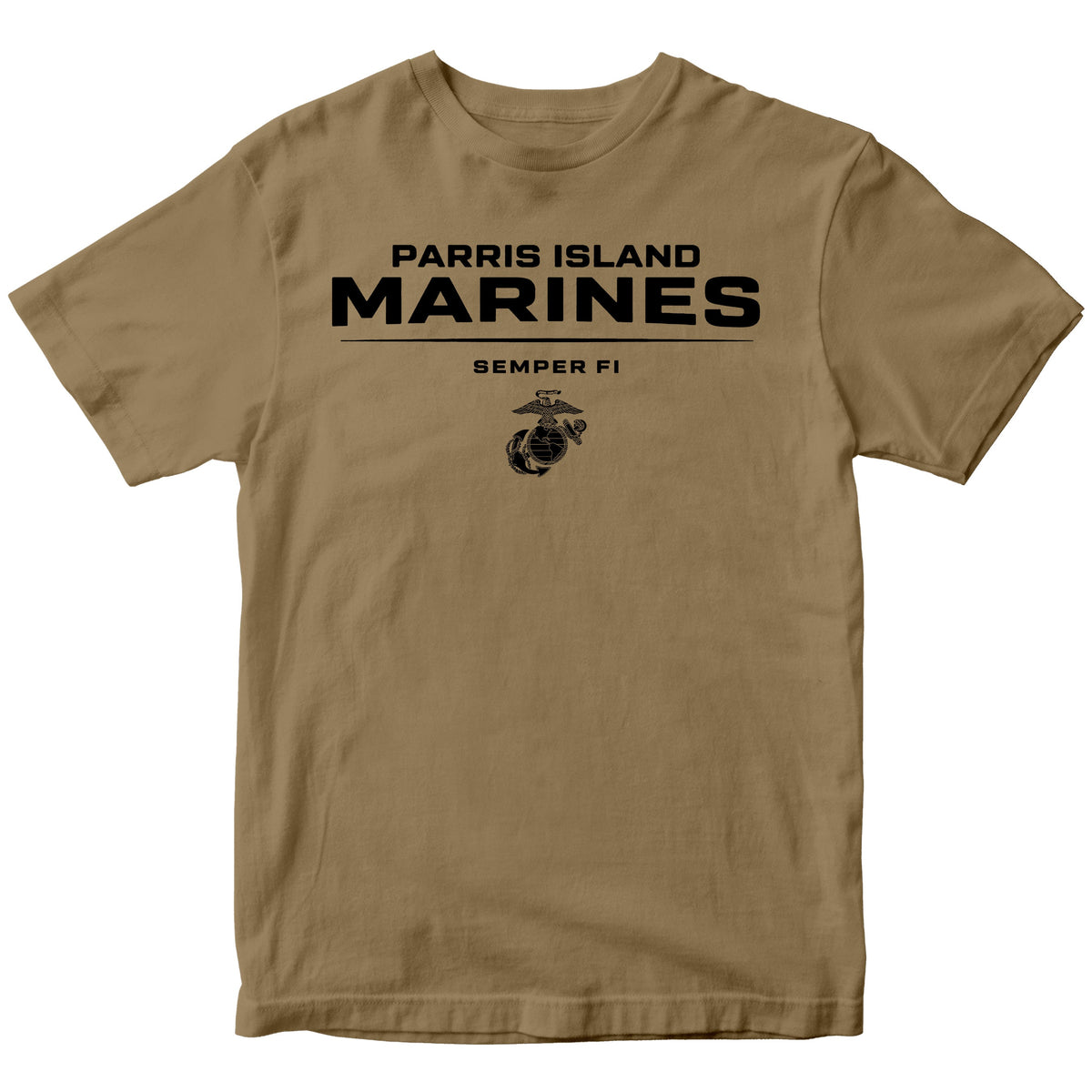 Brown Parris Island Marines T-shirt with Eagle Globe and Anchor Marine Corps design. United States Marine Corps Parris Island Tee