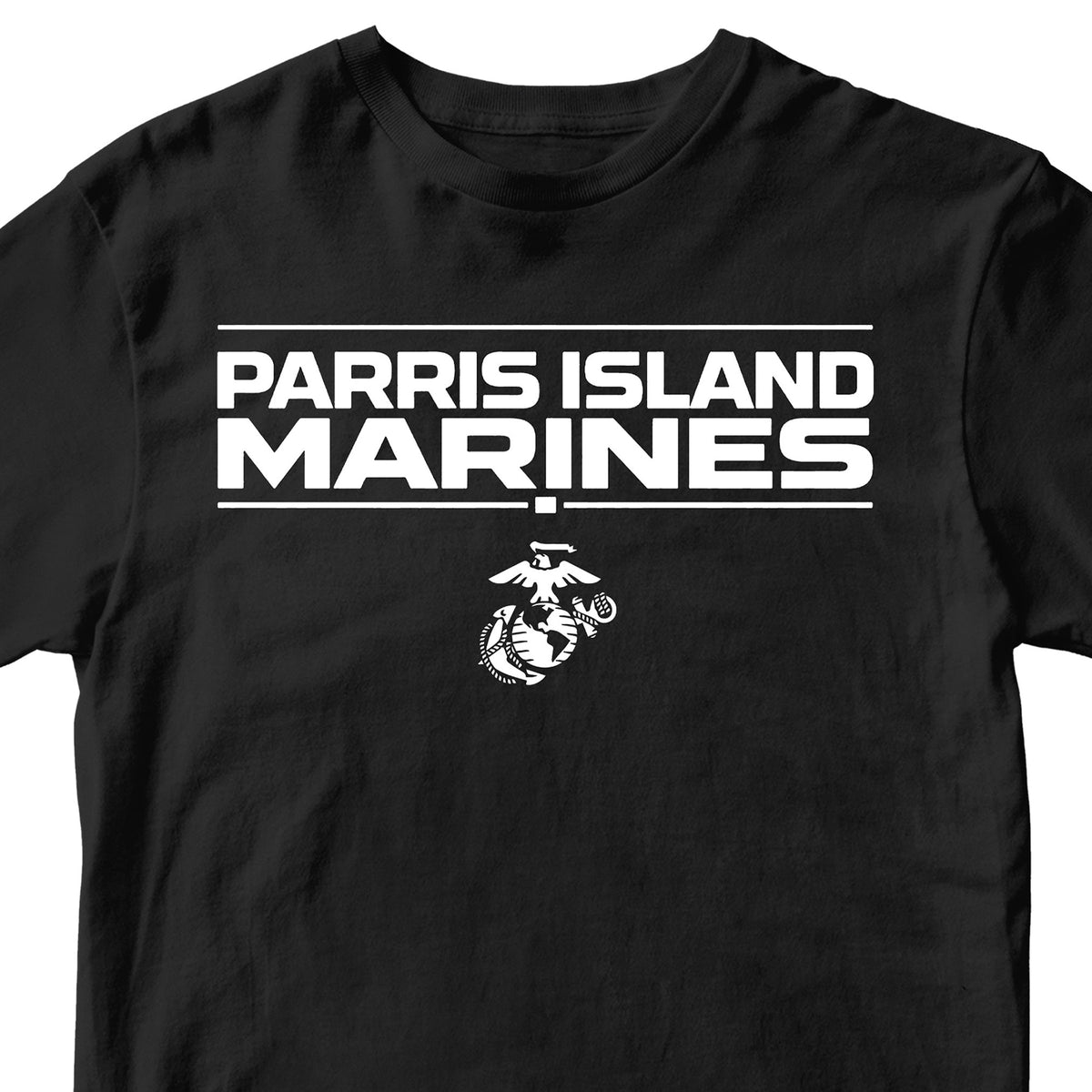 Black MCRD Parris Island Marines T-shirt with Eagle Globe and Anchor Marine Corps design. United States Marine Corps Parris Island Tee