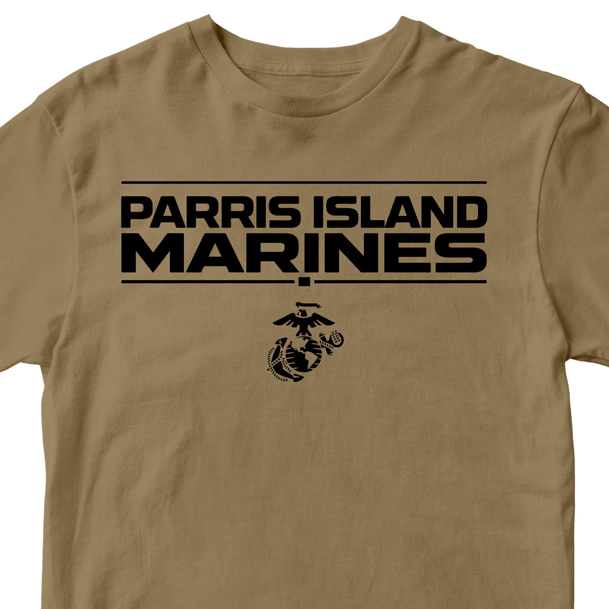 Brown MCRD Parris Island Marines T-shirt with Eagle Globe and Anchor Marine Corps design. United States Marine Corps Parris Island Tee