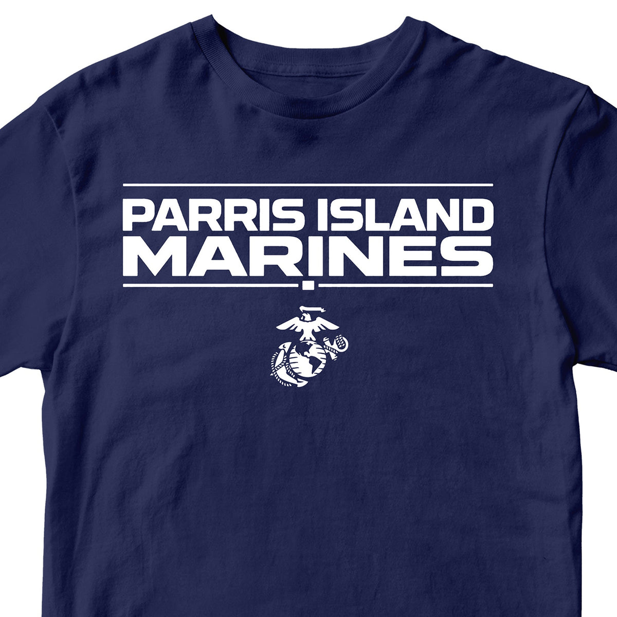 Navy MCRD Parris Island Marines T-shirt with Eagle Globe and Anchor Marine Corps design. United States Marine Corps Parris Island Tee