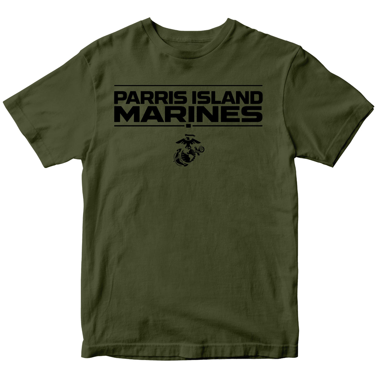 Green MCRD Parris Island Marines T-shirt with Eagle Globe and Anchor Marine Corps design. United States Marine Corps Parris Island Tee