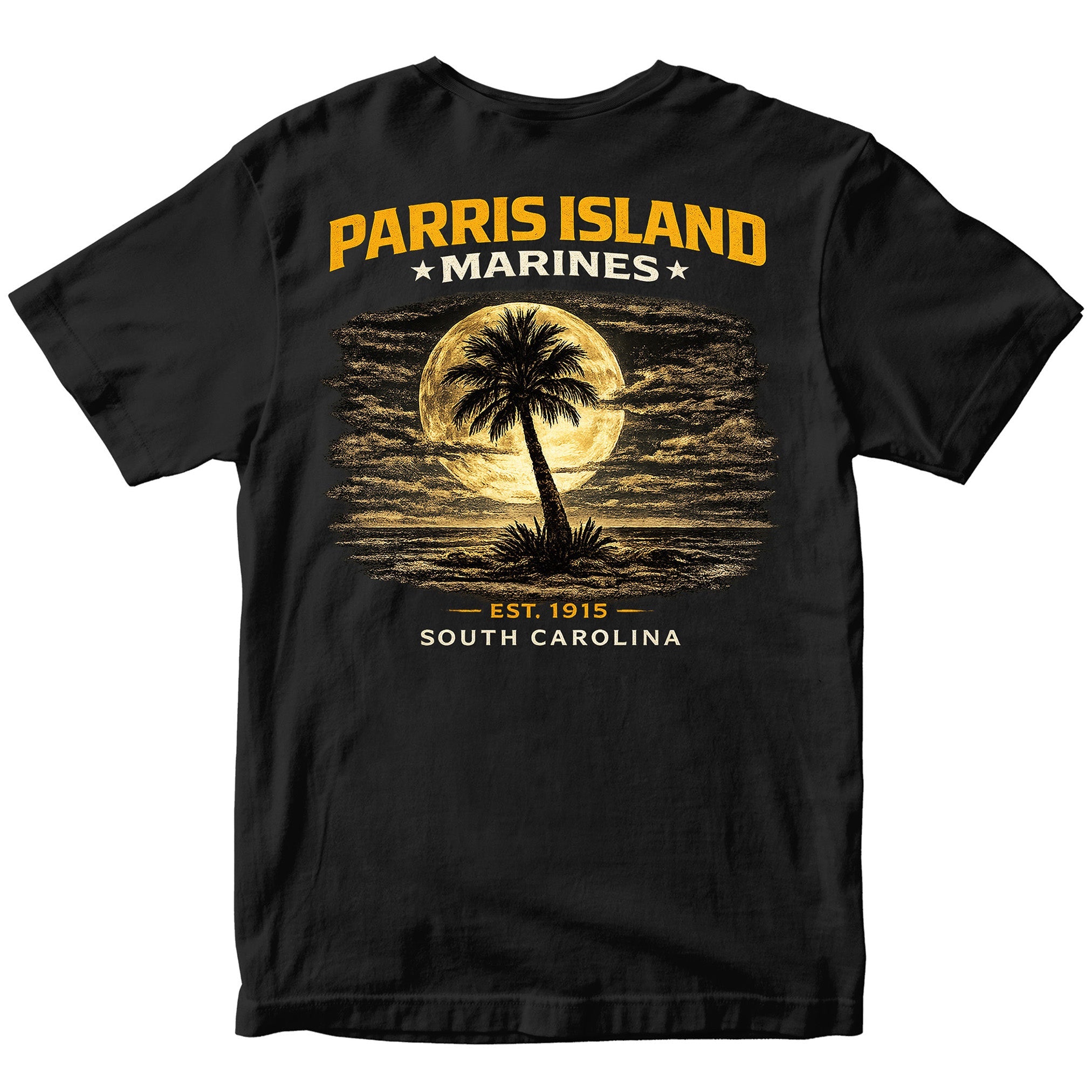 MCRD Parris Island Marines T-shirt with South Carolina graphic and Eagle Globe and Anchor. Black United States Marine Corps MCRD Parris Island Tee