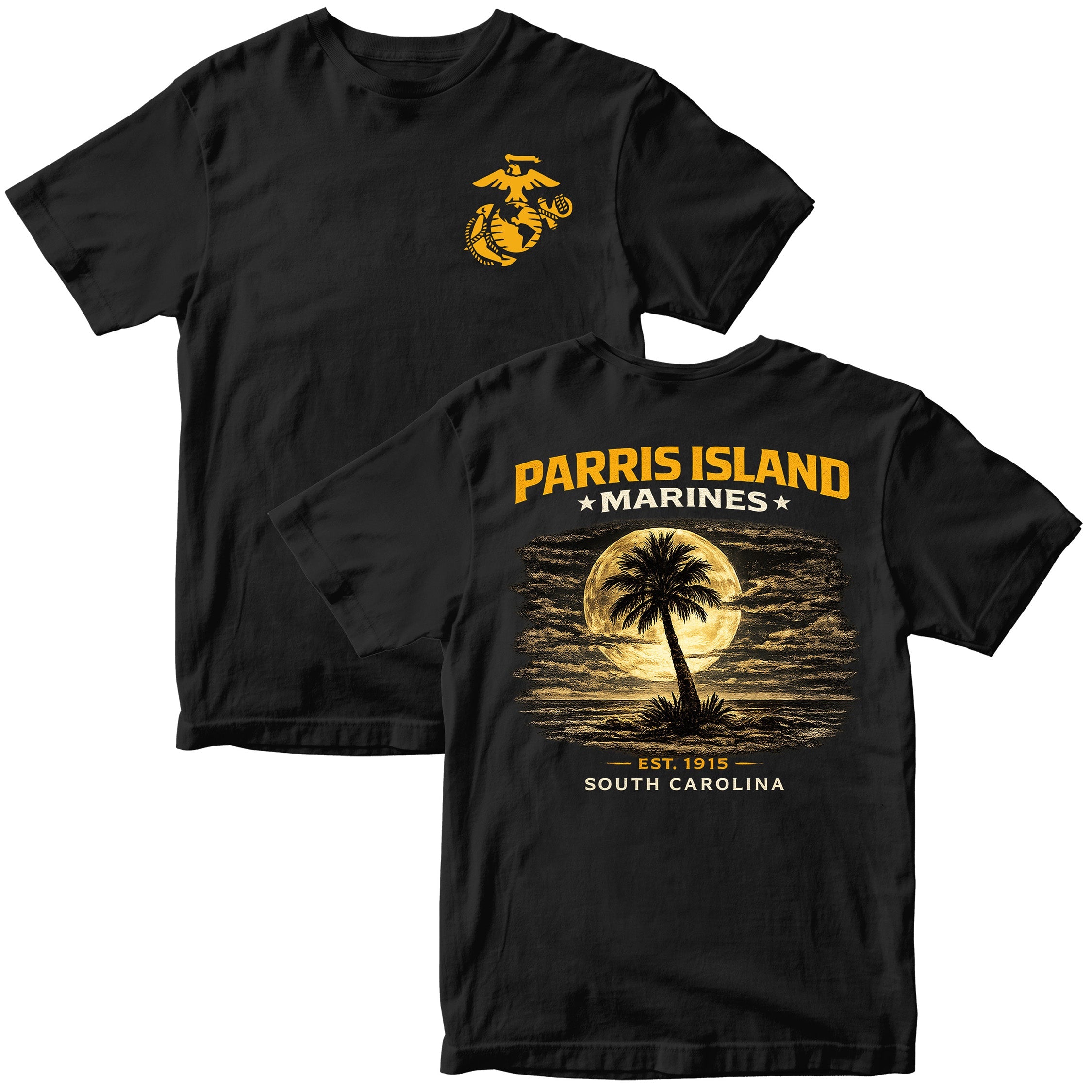 MCRD Parris Island Marines T-shirt with South Carolina graphic and Eagle Globe and Anchor. Black United States Marine Corps MCRD Parris Island Tee