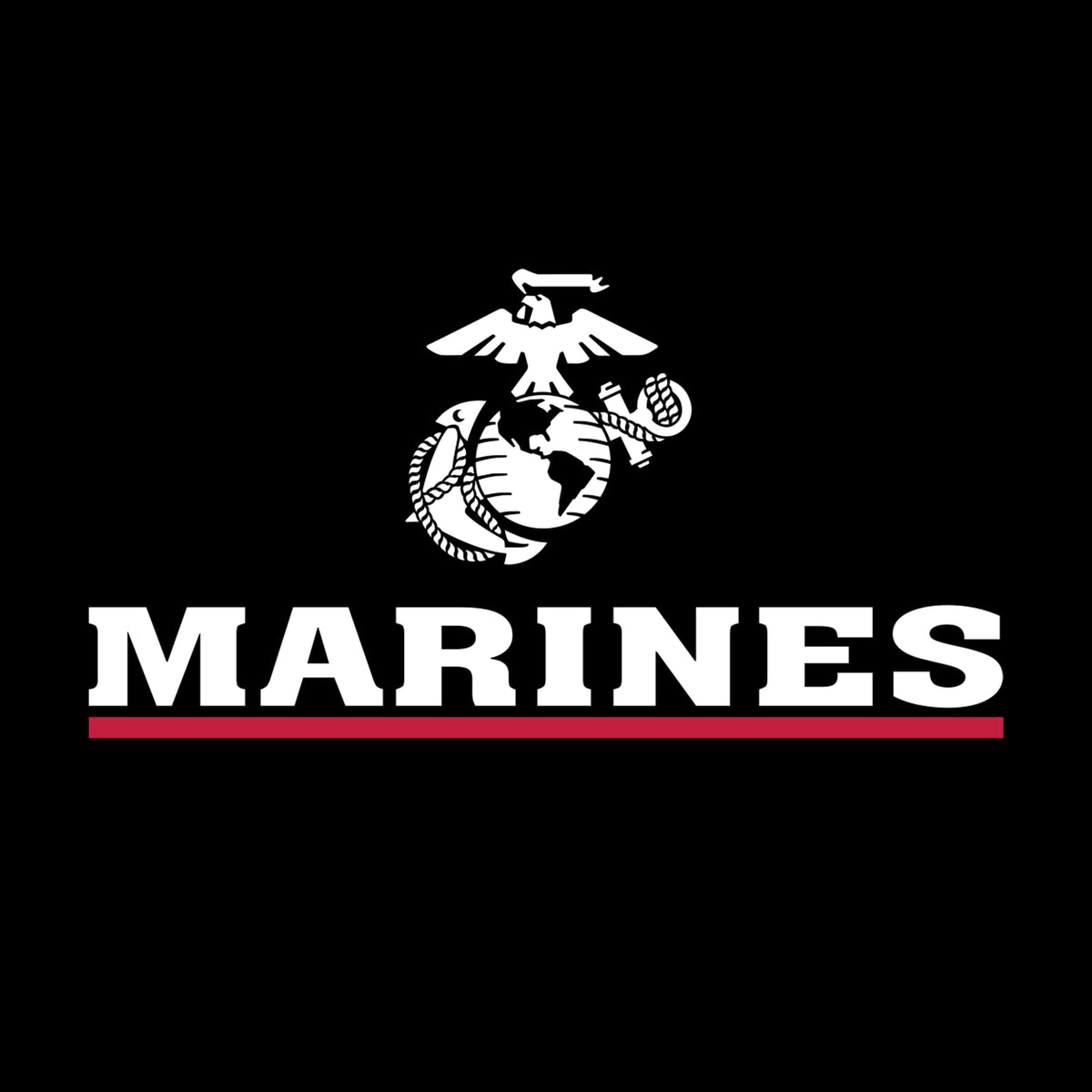 EGA chest seal emblem above bold white 'MARINES' text and a red underline, minimalist Marine Corps design.