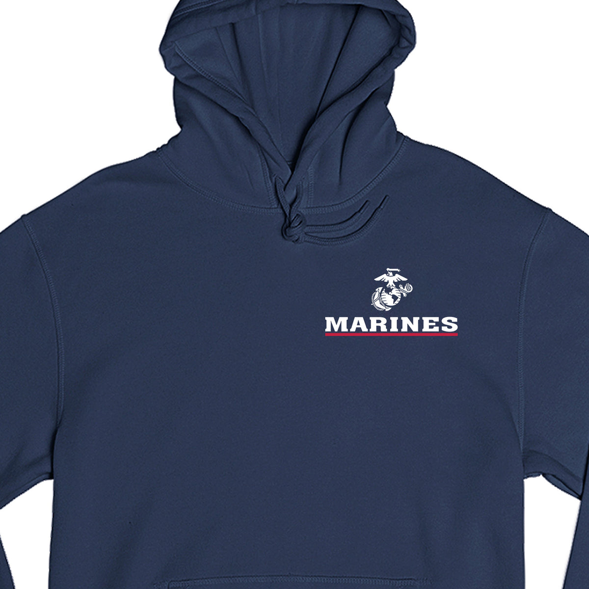 Navy USMC Hoodie with EGA chest seal emblem above bold white 'MARINES' text and a red underline, minimalist Marine Corps design.