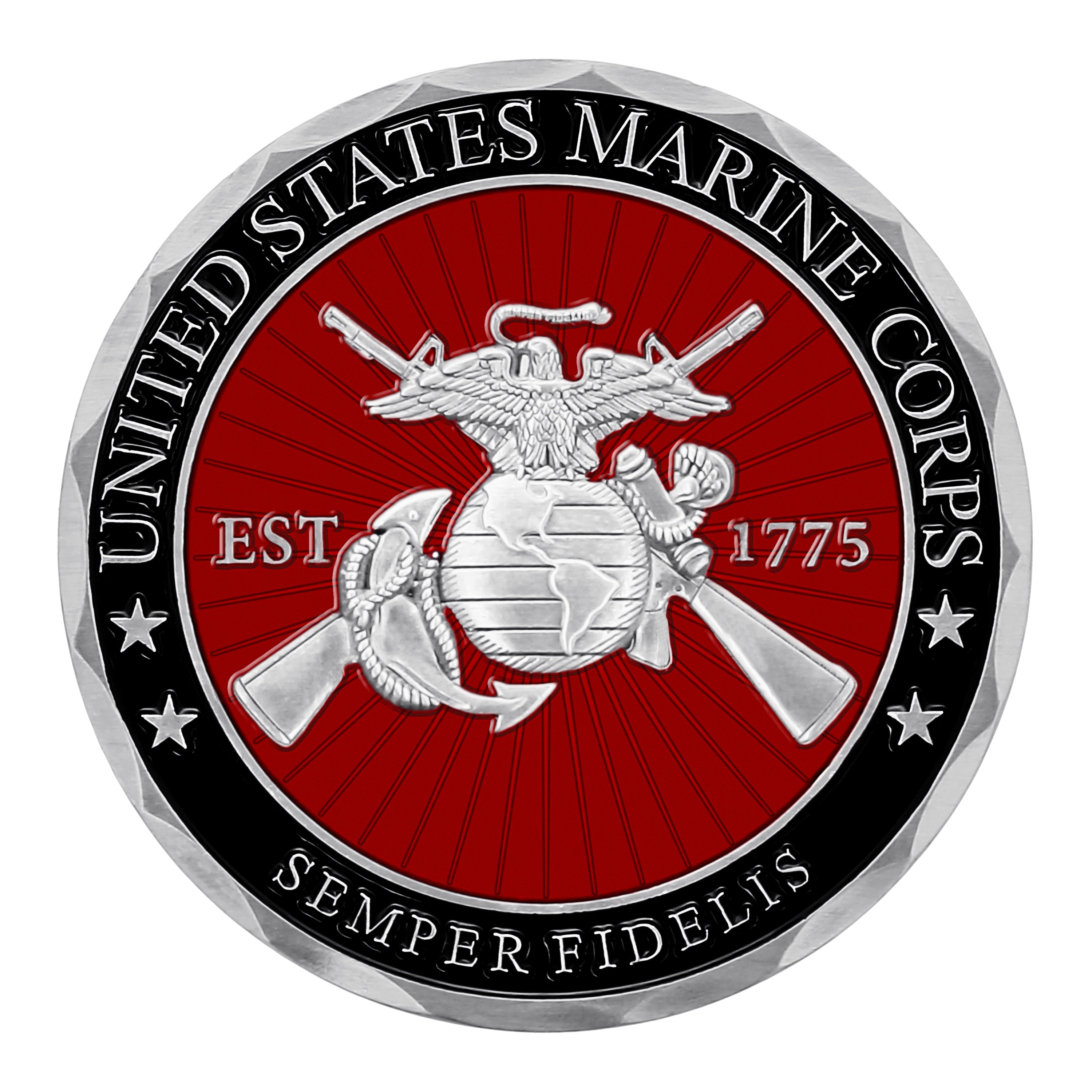 United States Marine Corps emblem with red center and silver border on a white background