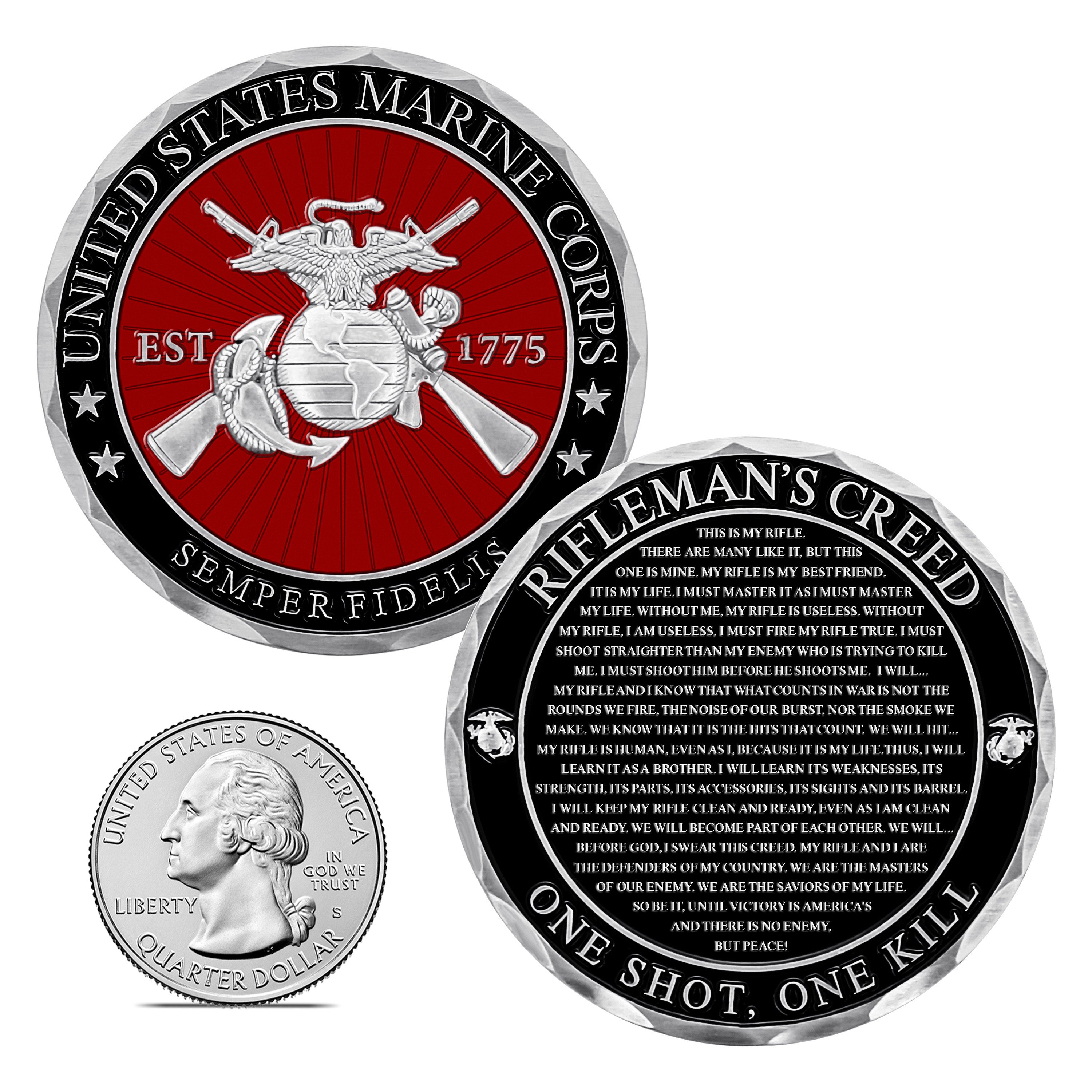 Circular challenge coin with USMC 'Rifleman's Creed' engraved on a white background - Marines Challenge coins