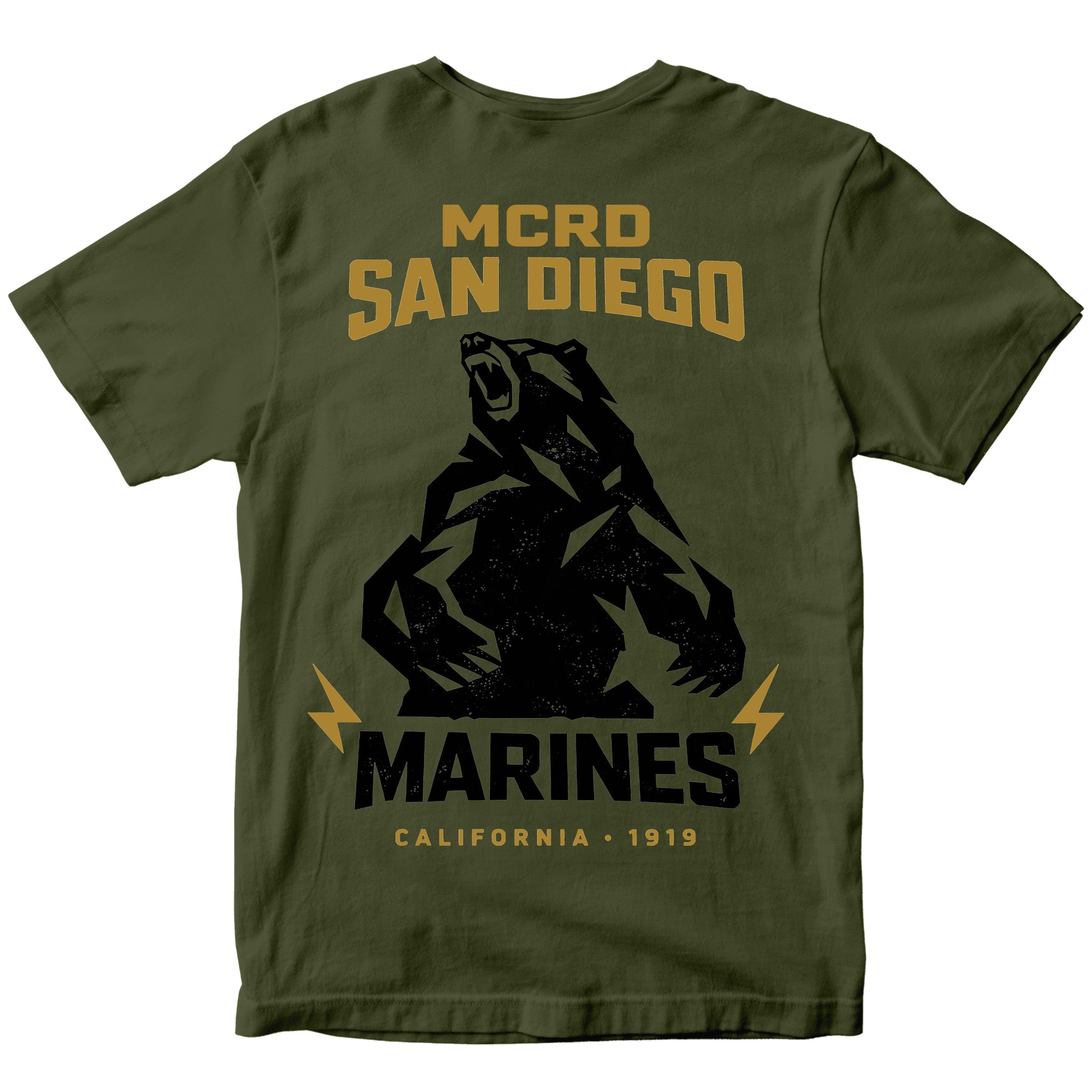 United States Marine Corps MCRD San Diego California bear T-shirt with Marine Corps emblem. Green MCRD San Diego Tee.