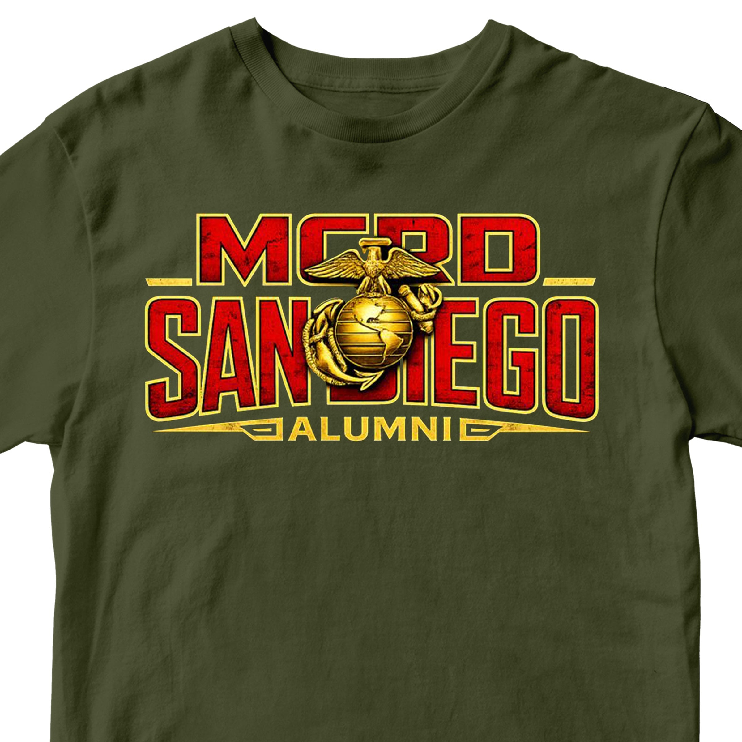 United States Marine Corps San Diego alumni shirt featuring EGA emblem. Green MCRD San Diego Tee.