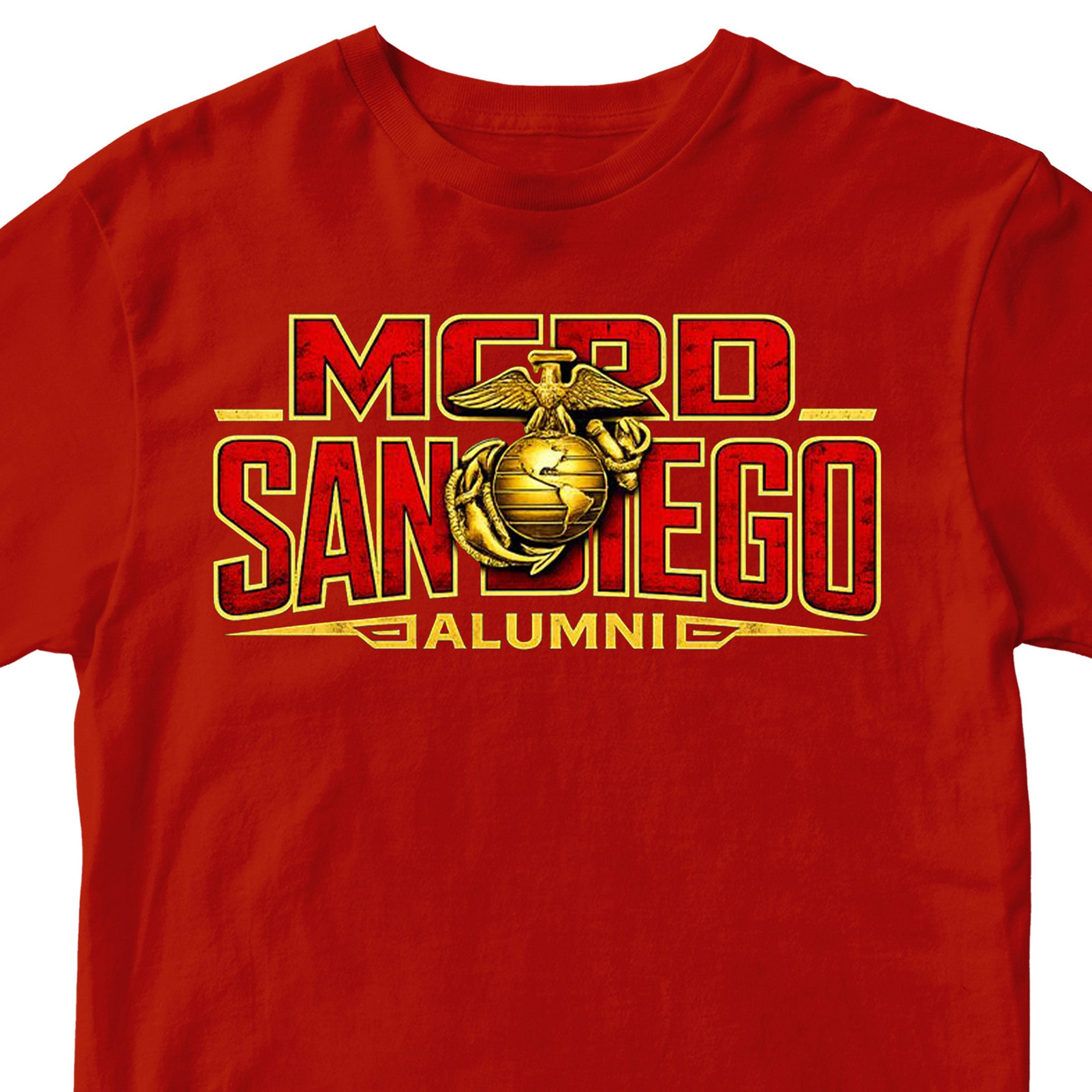 United States Marine Corps San Diego alumni shirt featuring EGA emblem. Red MCRD San Diego Tee.