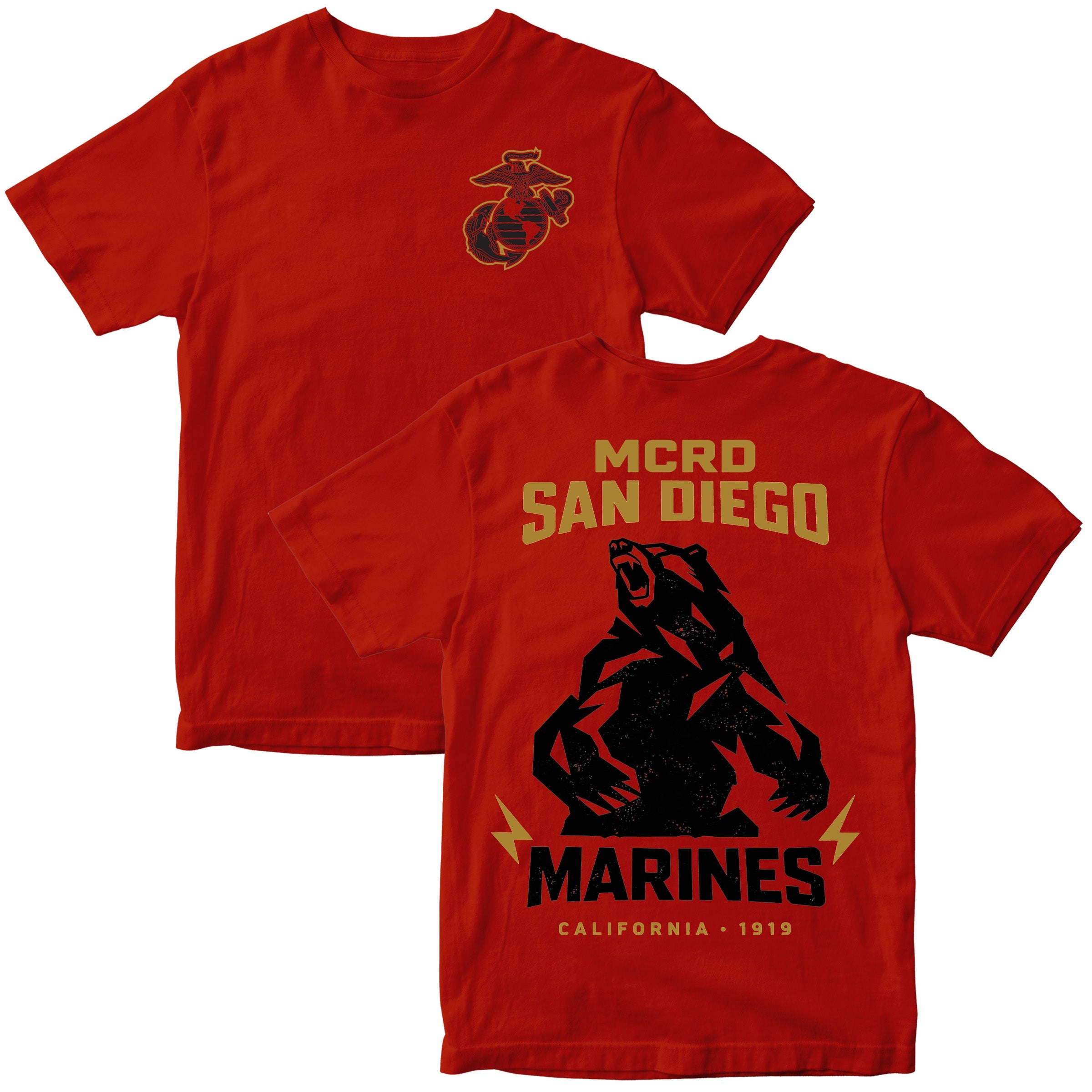 United States Marine Corps MCRD San Diego California bear T-shirt with Marine Corps emblem. Red MCRD San Diego Tee.