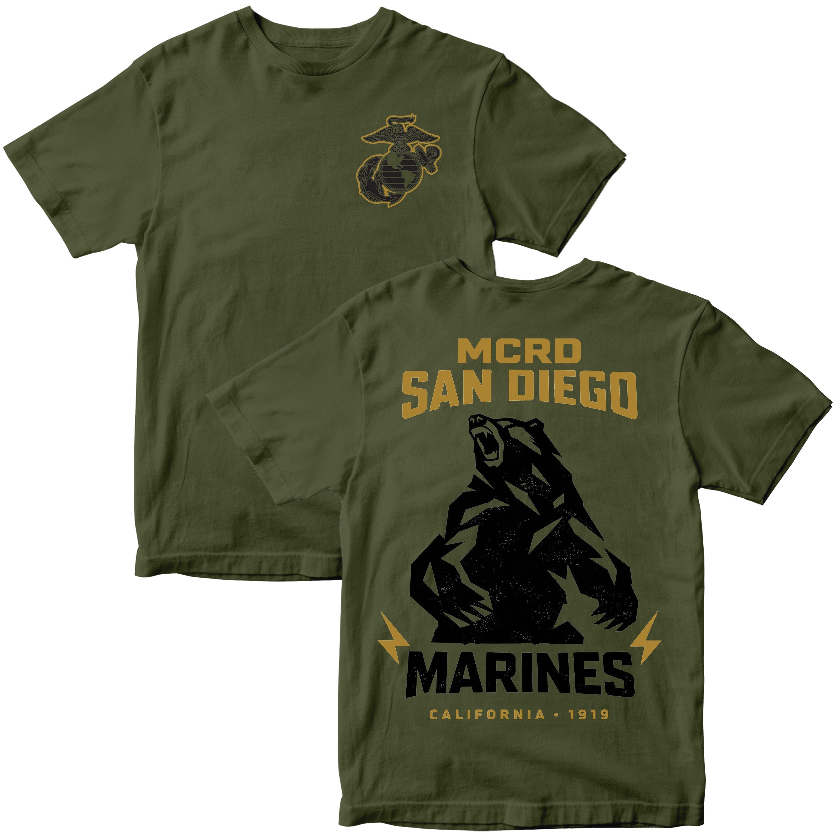 United States Marine Corps MCRD San Diego California bear T-shirt with Marine Corps emblem. Green MCRD San Diego Tee.