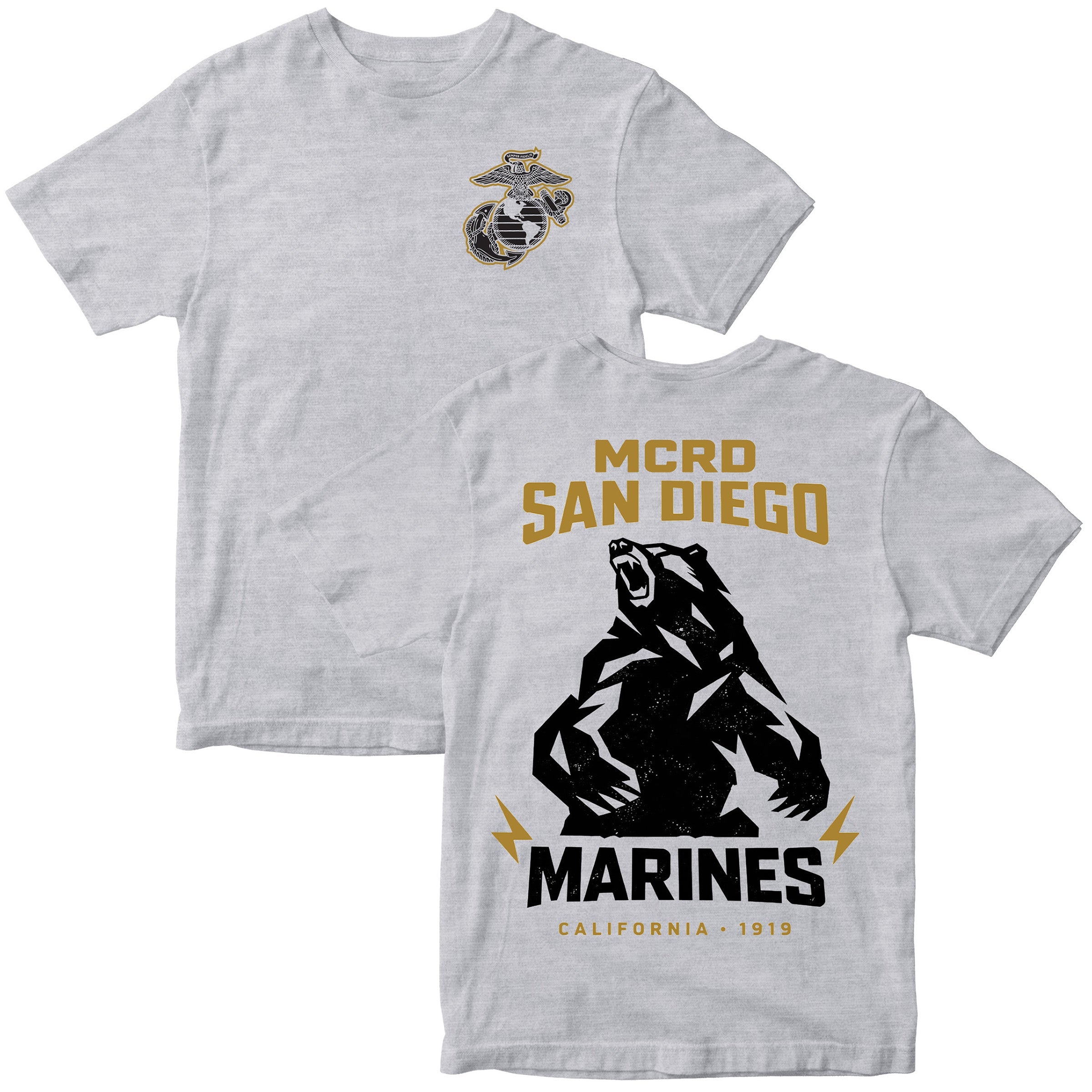 United States Marine Corps MCRD San Diego California bear T-shirt with Marine Corps emblem. Grey MCRD San Diego Tee.