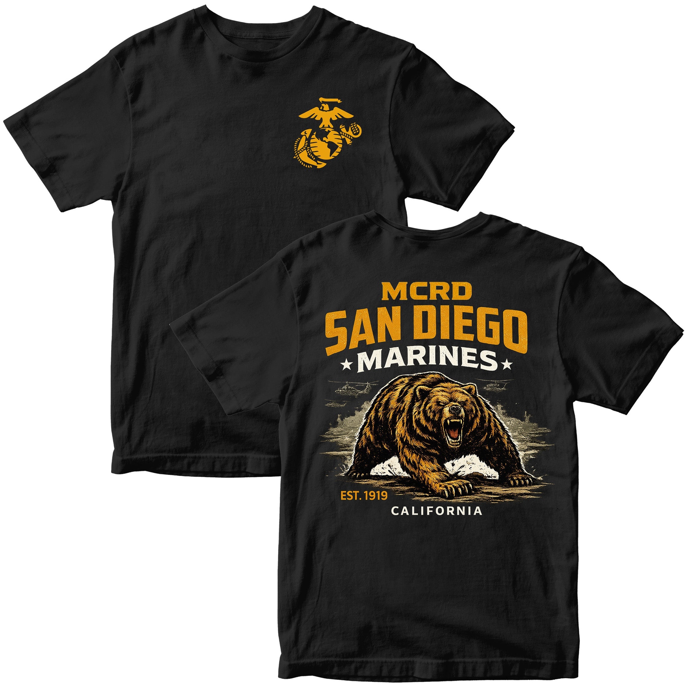 MCRD San Diego Marines T-shirt with bear graphic and Eagle Globe and Anchor. Black United States Marine Corps MCRD San Diego Tee