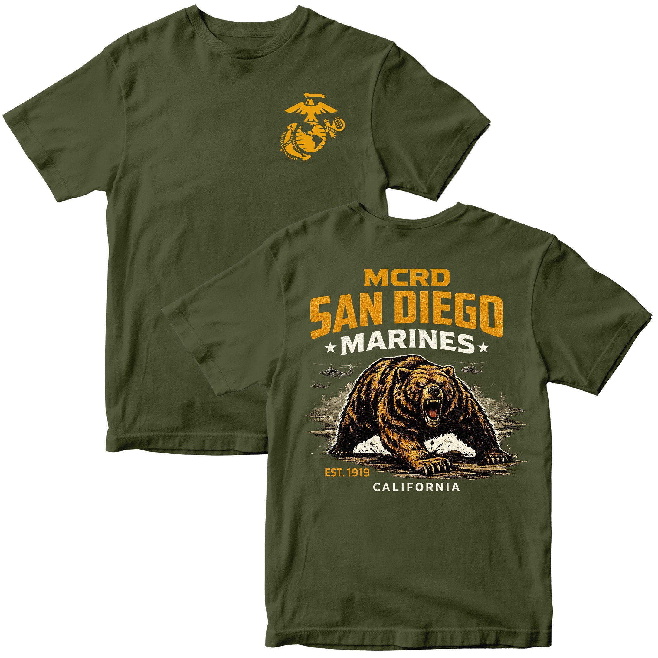 MCRD San Diego Marines T-shirt with bear graphic and Eagle Globe and Anchor. Green United States Marine Corps MCRD San Diego Tee