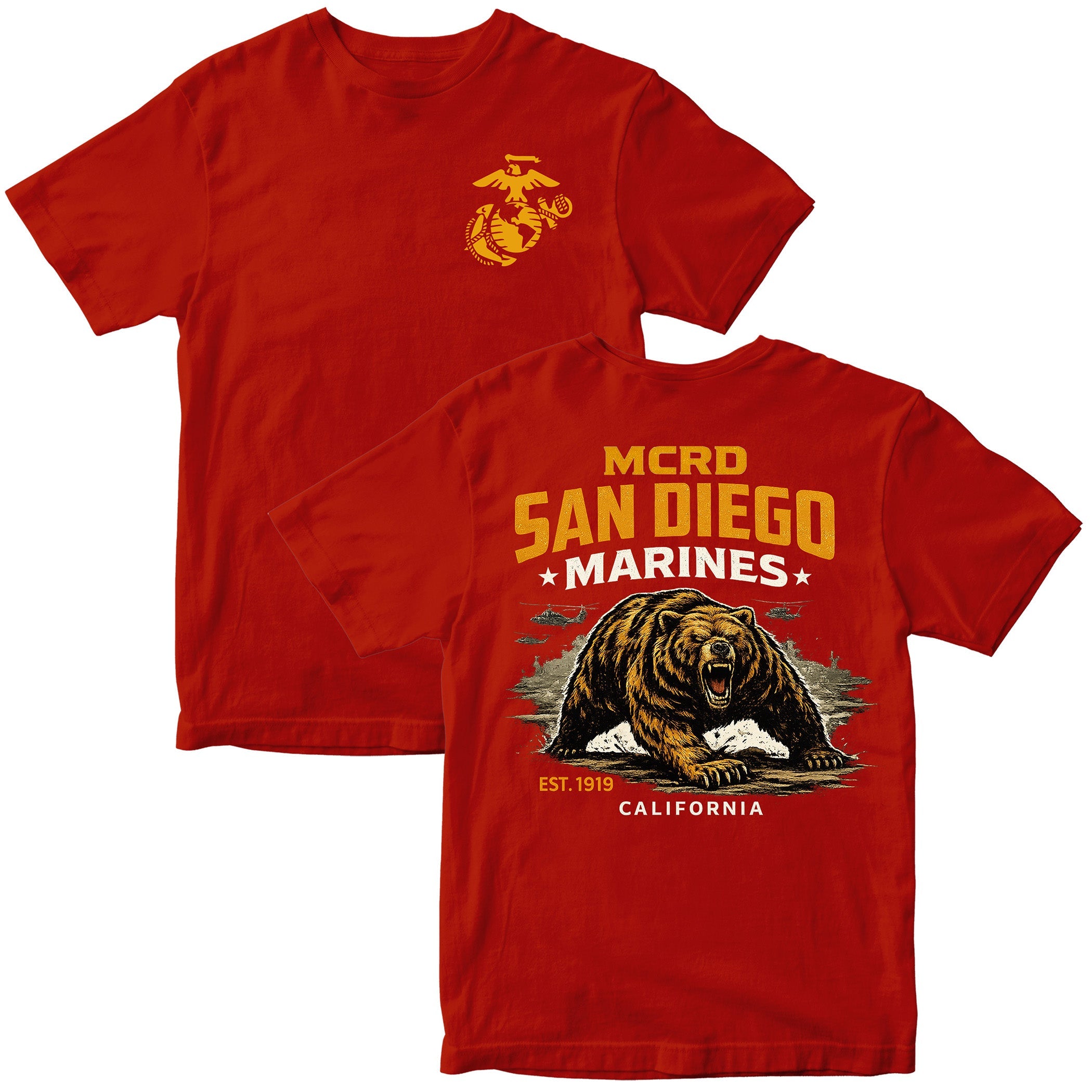 MCRD San Diego Marines T-shirt with bear graphic and Eagle Globe and Anchor. Red United States Marine Corps MCRD San Diego Tee