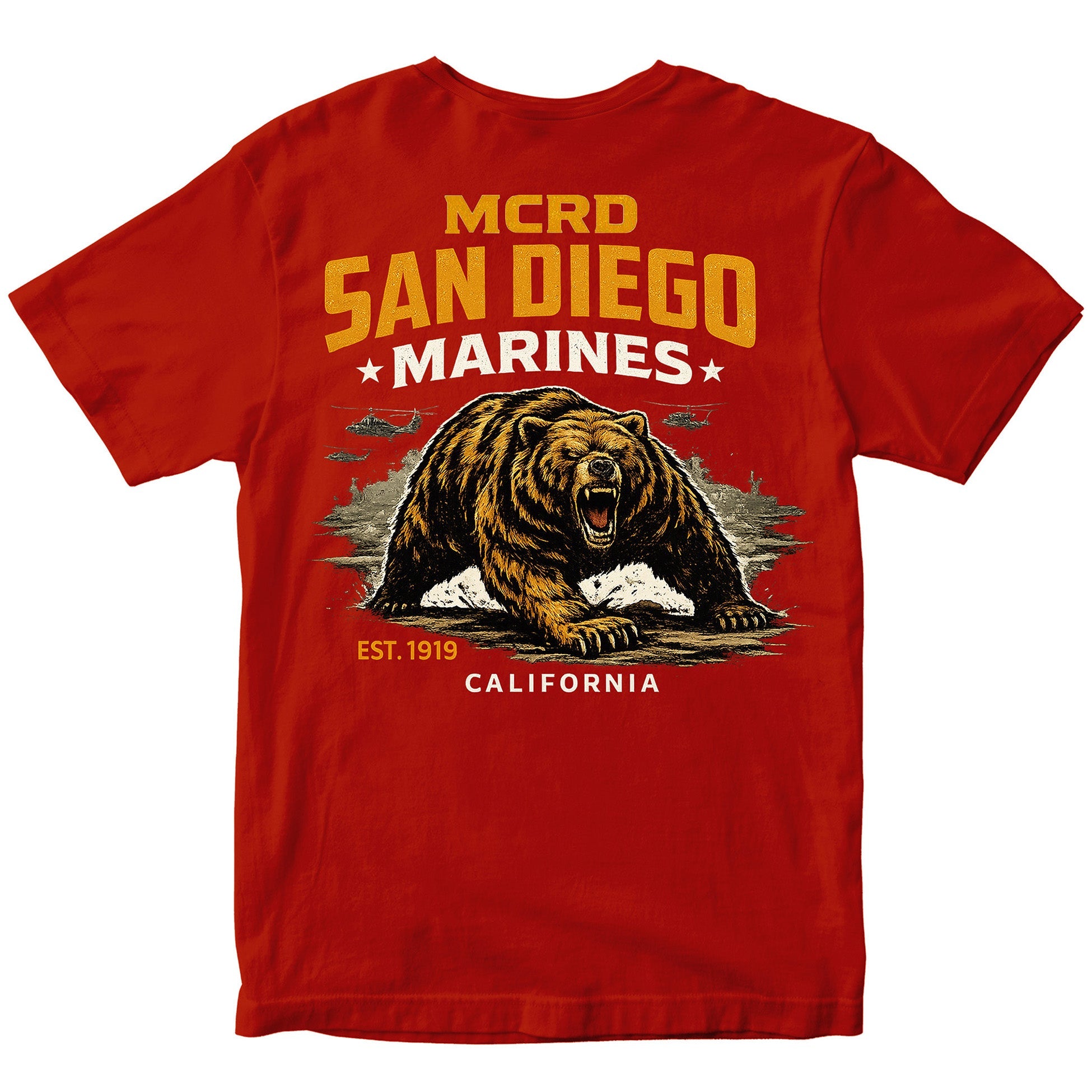 MCRD San Diego Marines T-shirt with bear graphic and Eagle Globe and Anchor. Red United States Marine Corps MCRD San Diego Tee