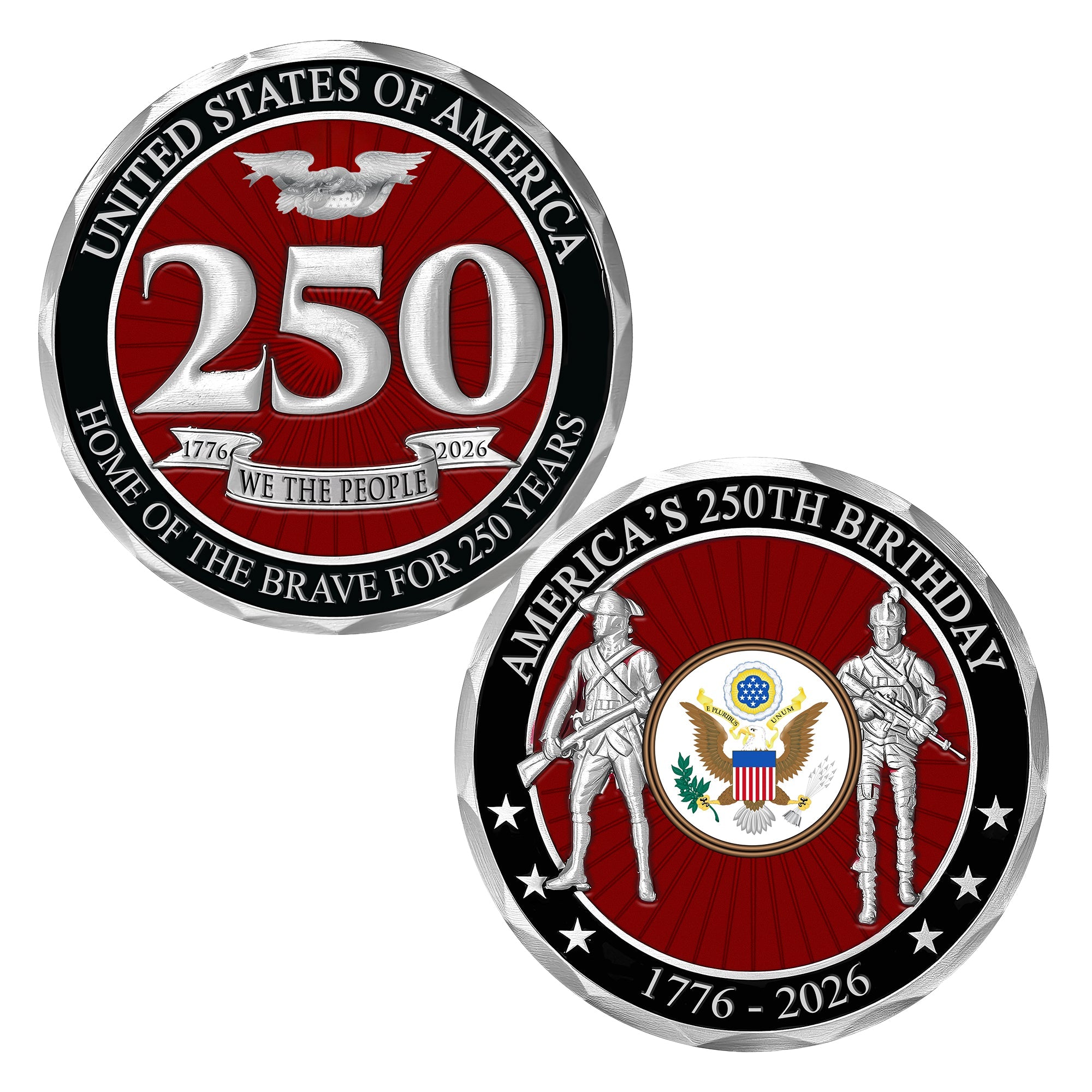 Two coins celebrating America's 250th birthday with red, white, and black design.