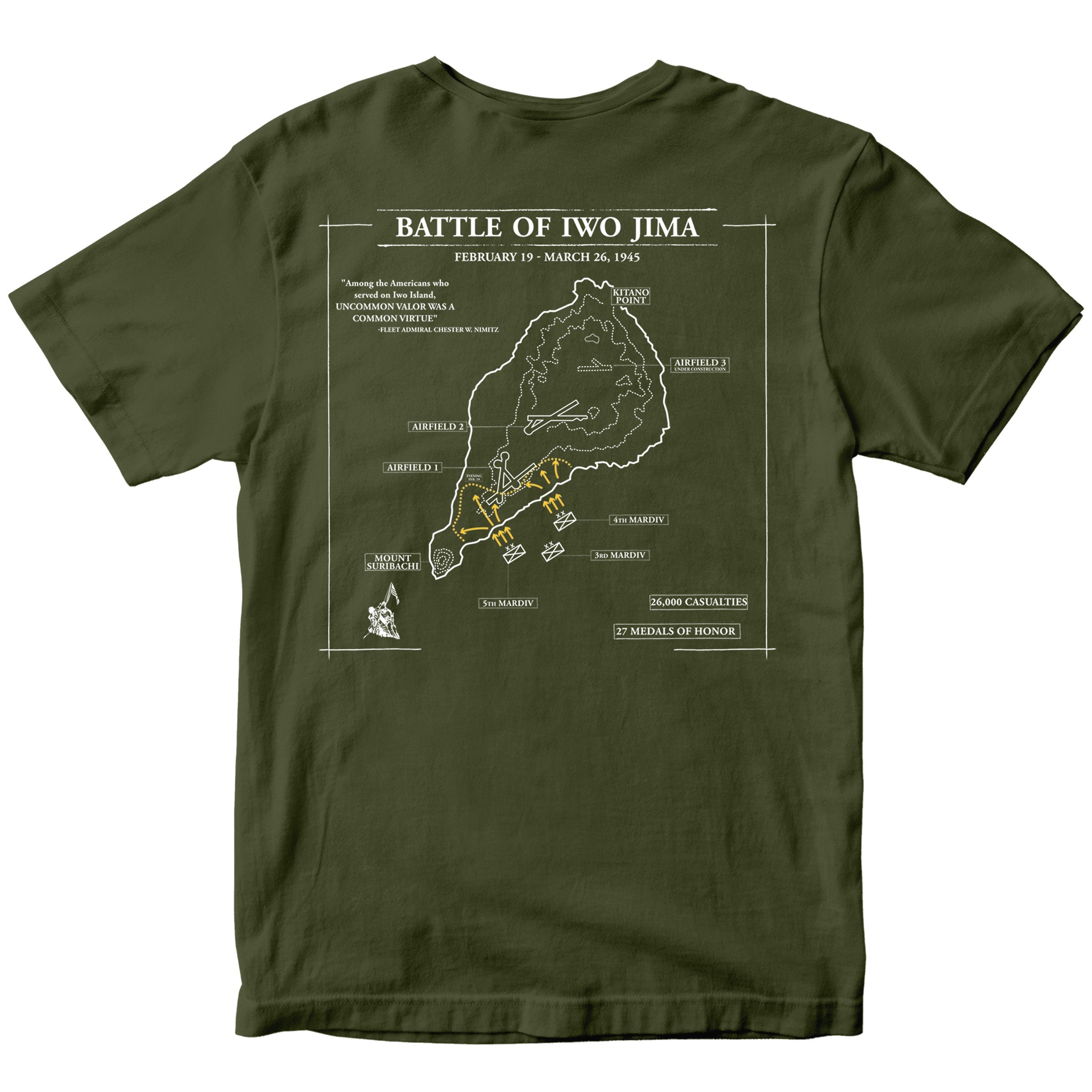 Green Marine Corps Iwo Jima tactical map T-shirt showing 1945 battle layout. USMC Iwo Jima Tee