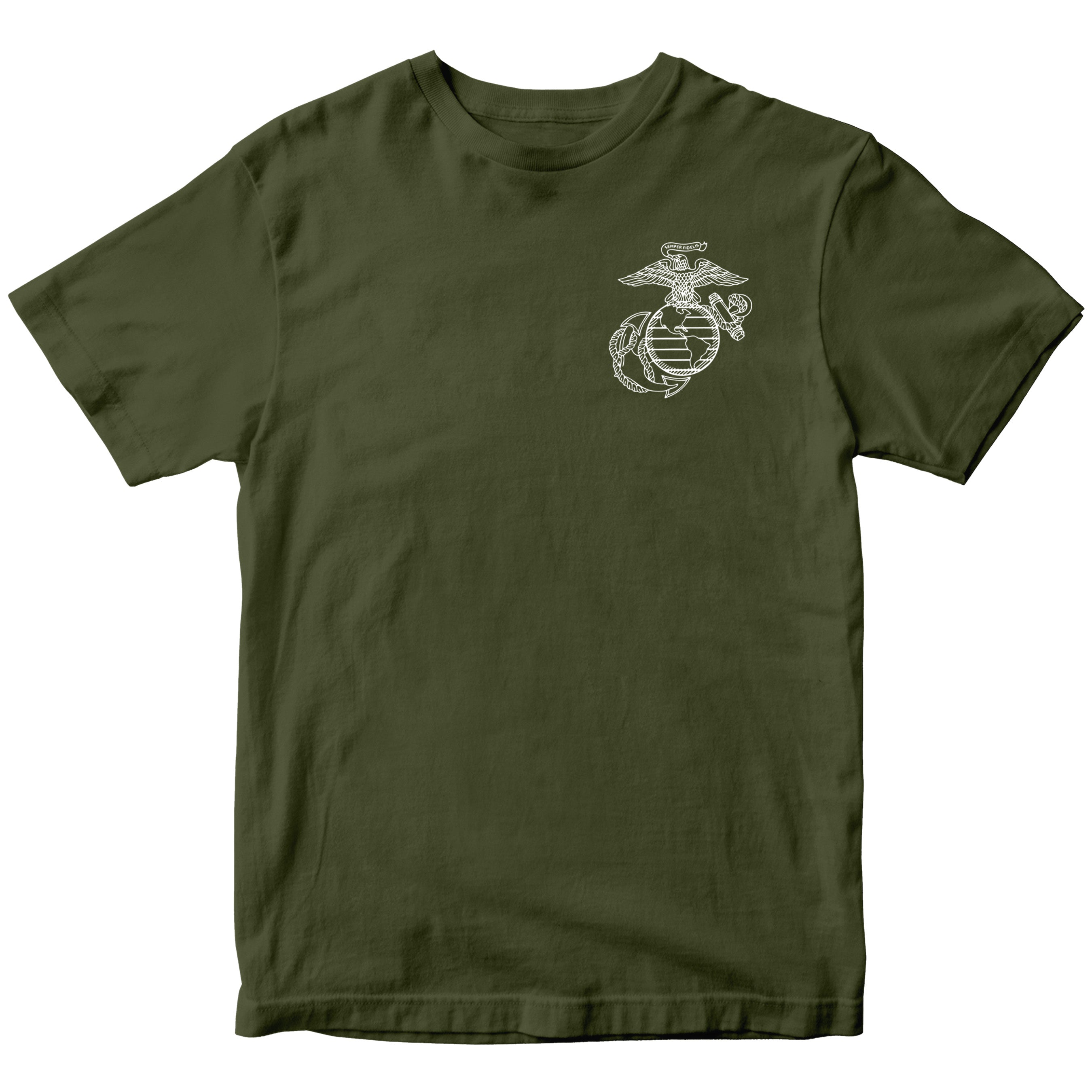Marine Corps Iwo Jima tactical map T-shirt showing 1945 battle and Eagle Globe and Anchor Chest Seal