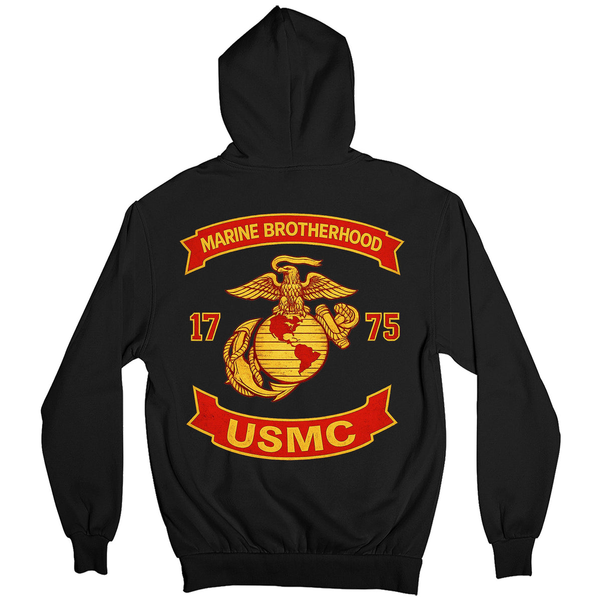 Black USMC hoodie with large motorcycle club–style back graphic reading ‘Marine Brotherhood,’ ‘1775,’ and ‘USMC. Marines Motorcycle hoodie.