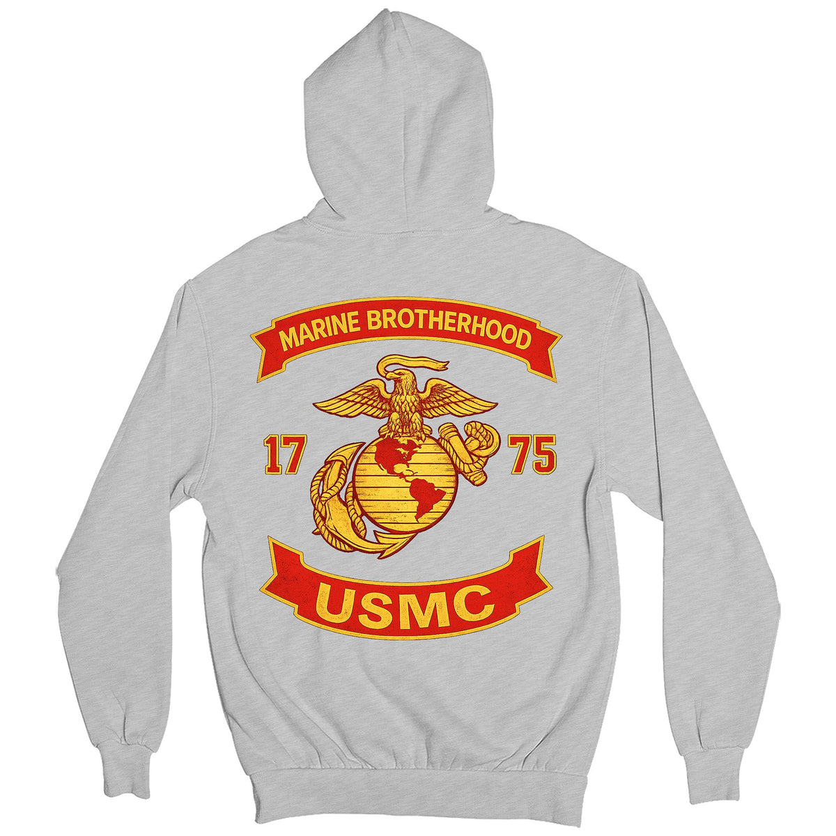 Gray USMC hoodie with large motorcycle club–style back graphic reading ‘Marine Brotherhood,’ ‘1775,’ and ‘USMC. Marines Motorcycle hoodie.