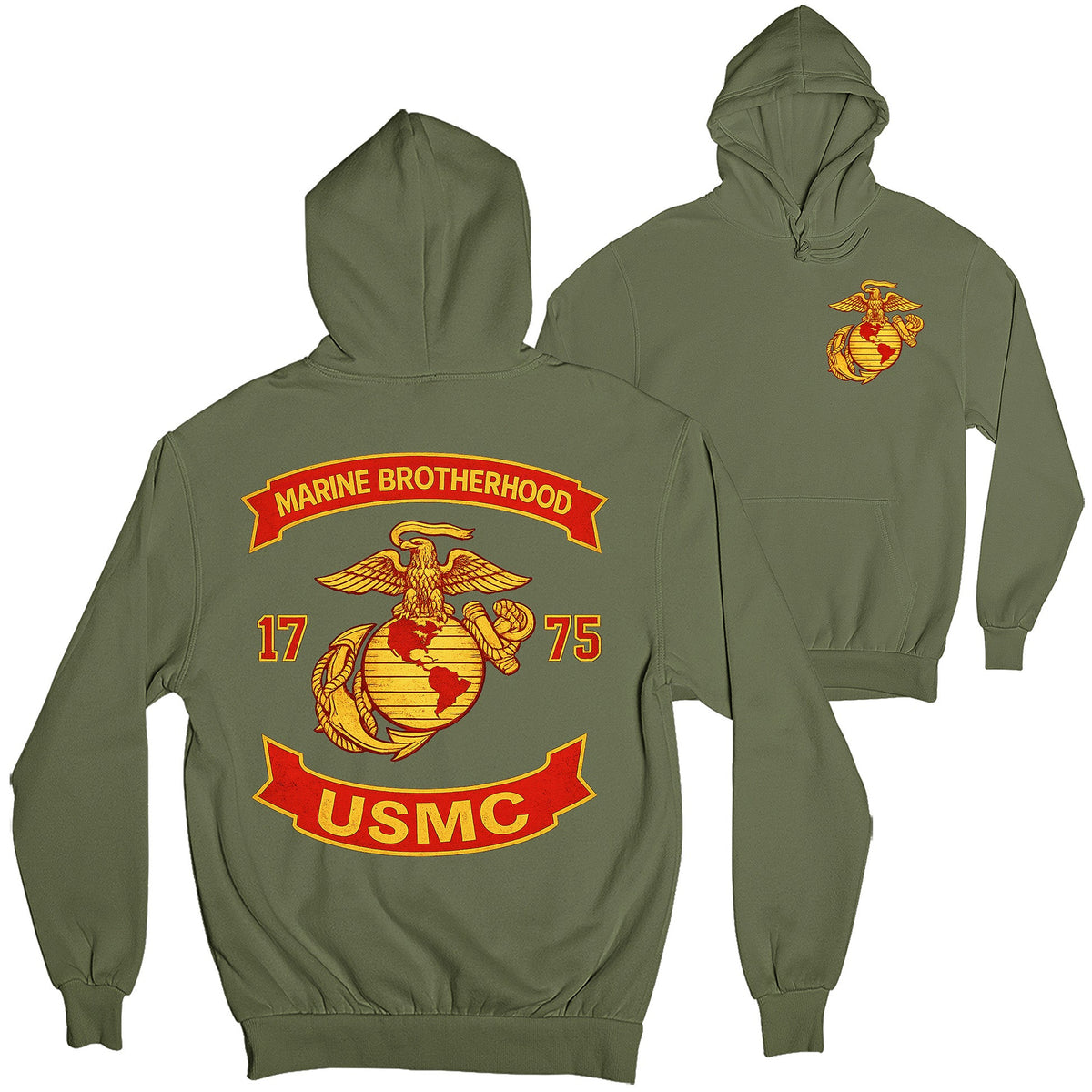 Green USMC hoodie with large motorcycle club–style back graphic reading ‘Marine Brotherhood,’ ‘1775,’ and ‘USMC. Marines Motorcycle hoodie.