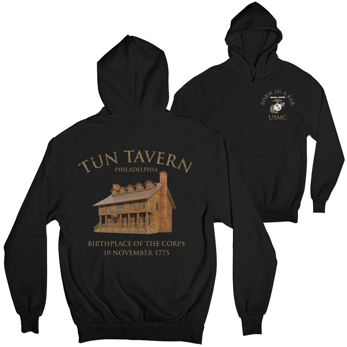 Black Marines Tun Tavern Hoodie. USMC Tun Tavern Born in a bar EGA
