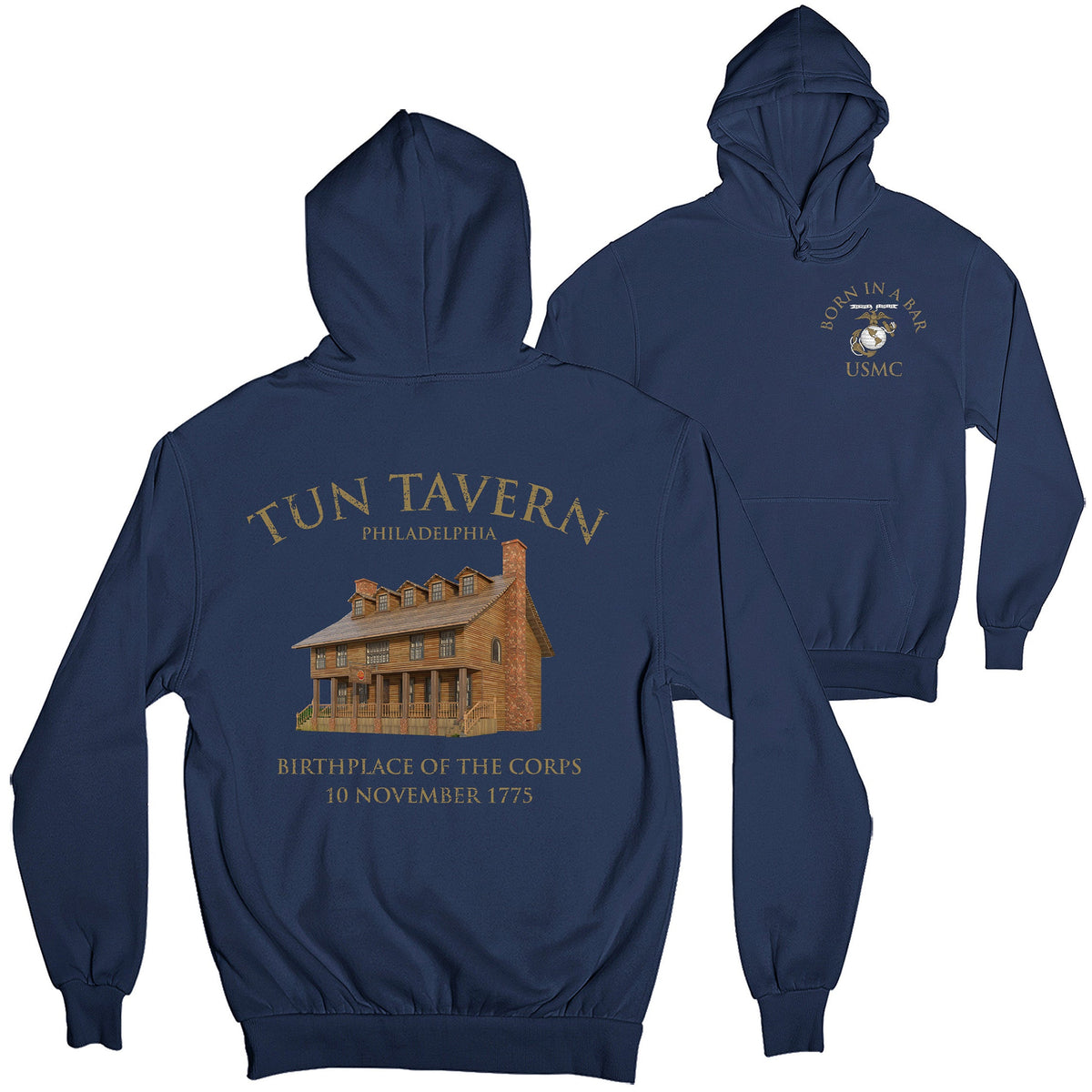 Navy Blue Marines Tun Tavern Hoodie. USMC Tun Tavern Born in a bar EGA