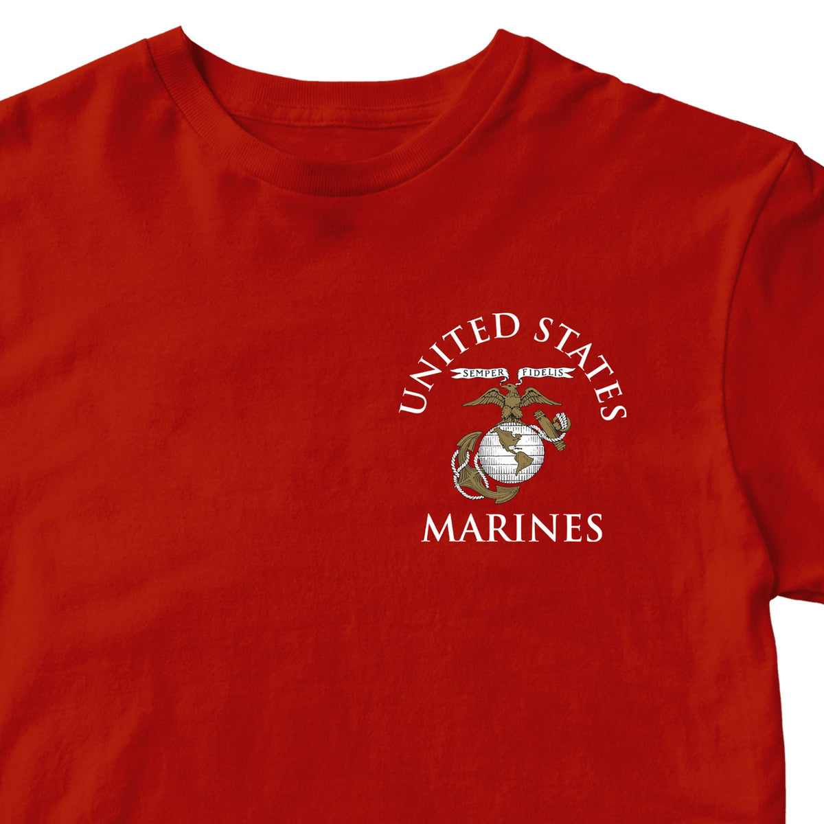 Red Marine Corps tee featuring United States Marines text and EGA emblem chest seal
