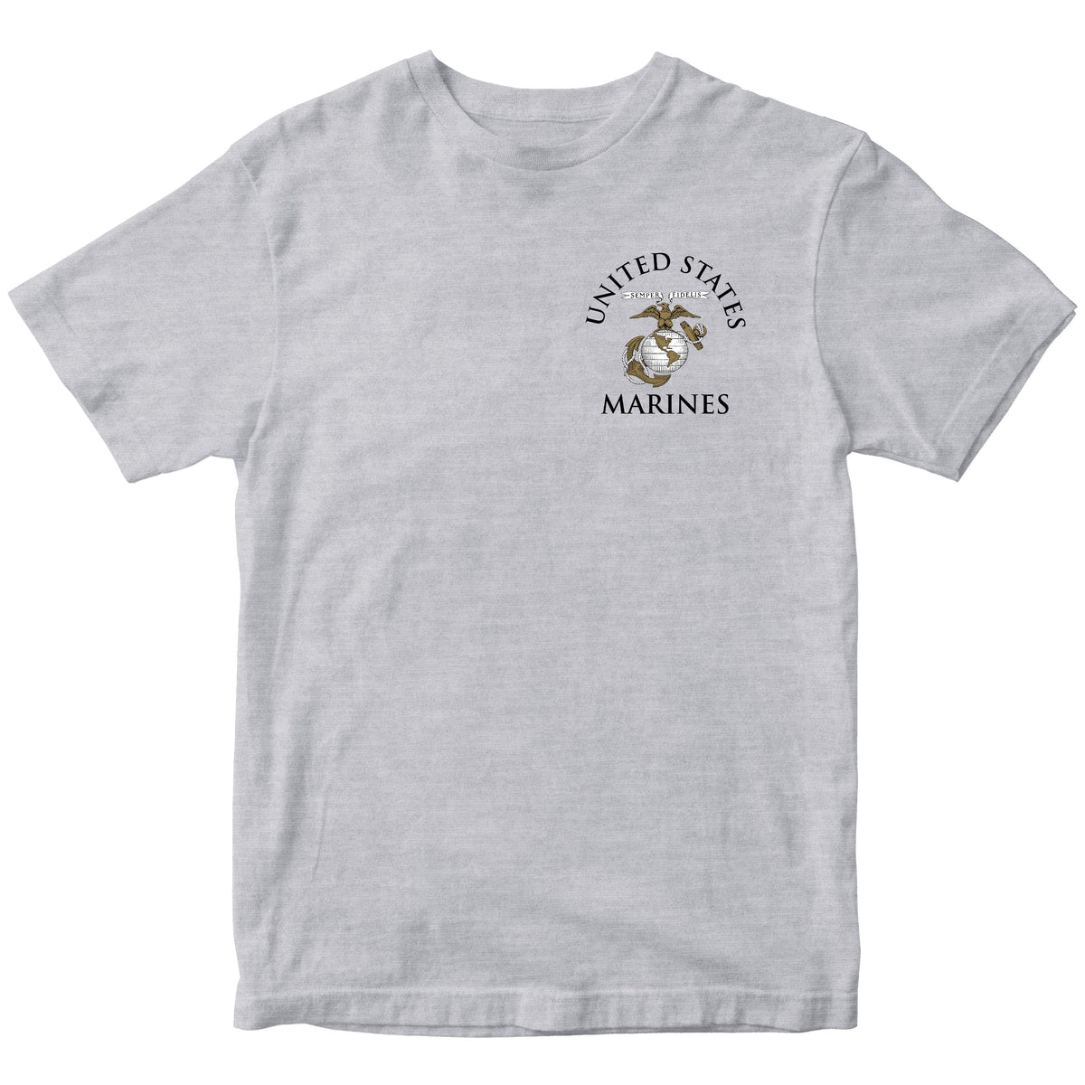 Gray Marine Corps tee featuring United States Marines text and EGA emblem chest seal