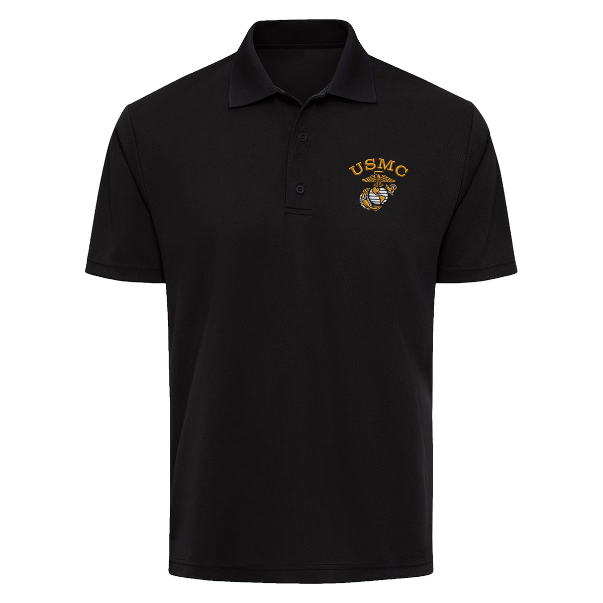 Black USMC performance polo with gold embroidered USMC lettering and Eagle, Globe & Anchor on the left chest.