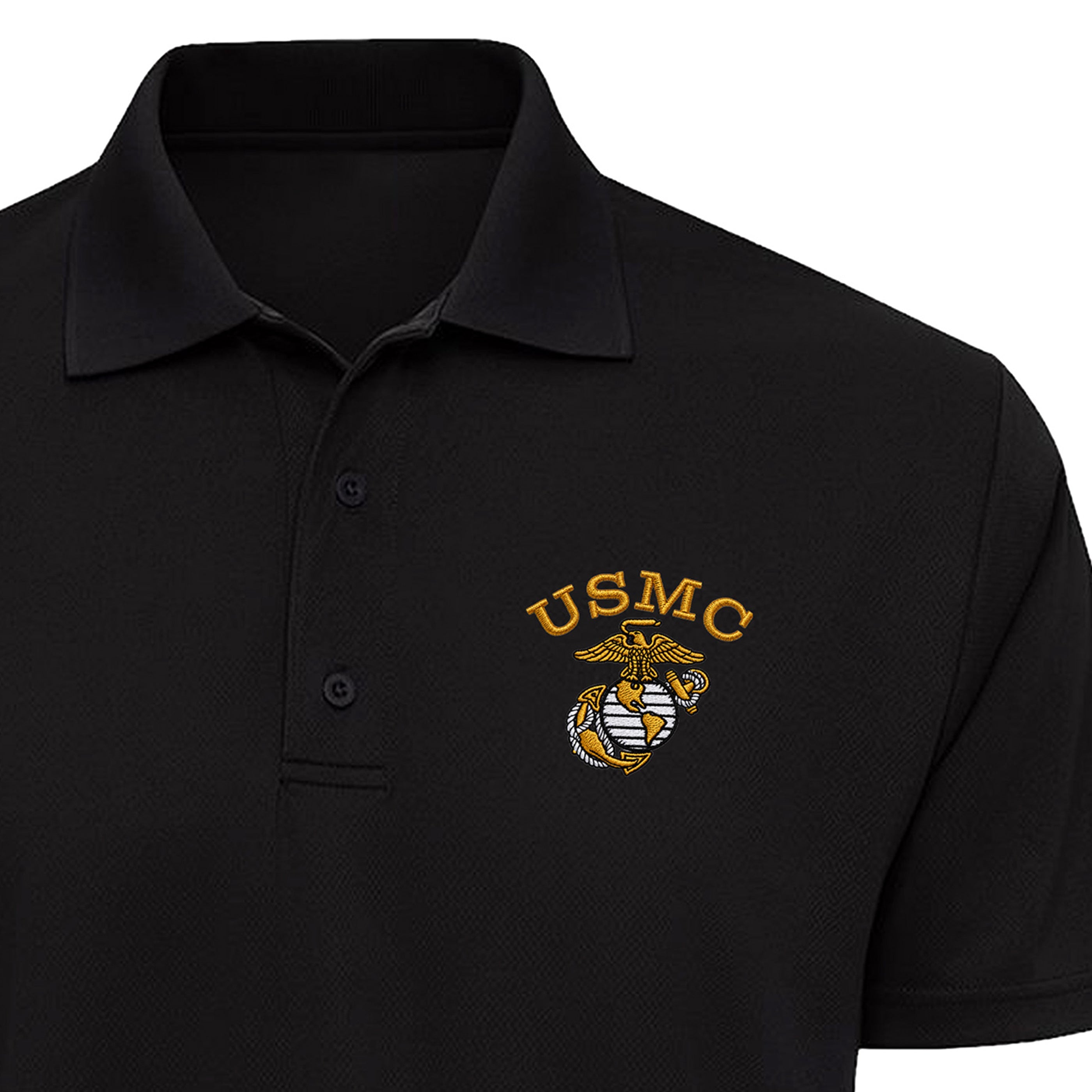 Black USMC performance polo with gold embroidered USMC lettering and Eagle, Globe & Anchor on the left chest.