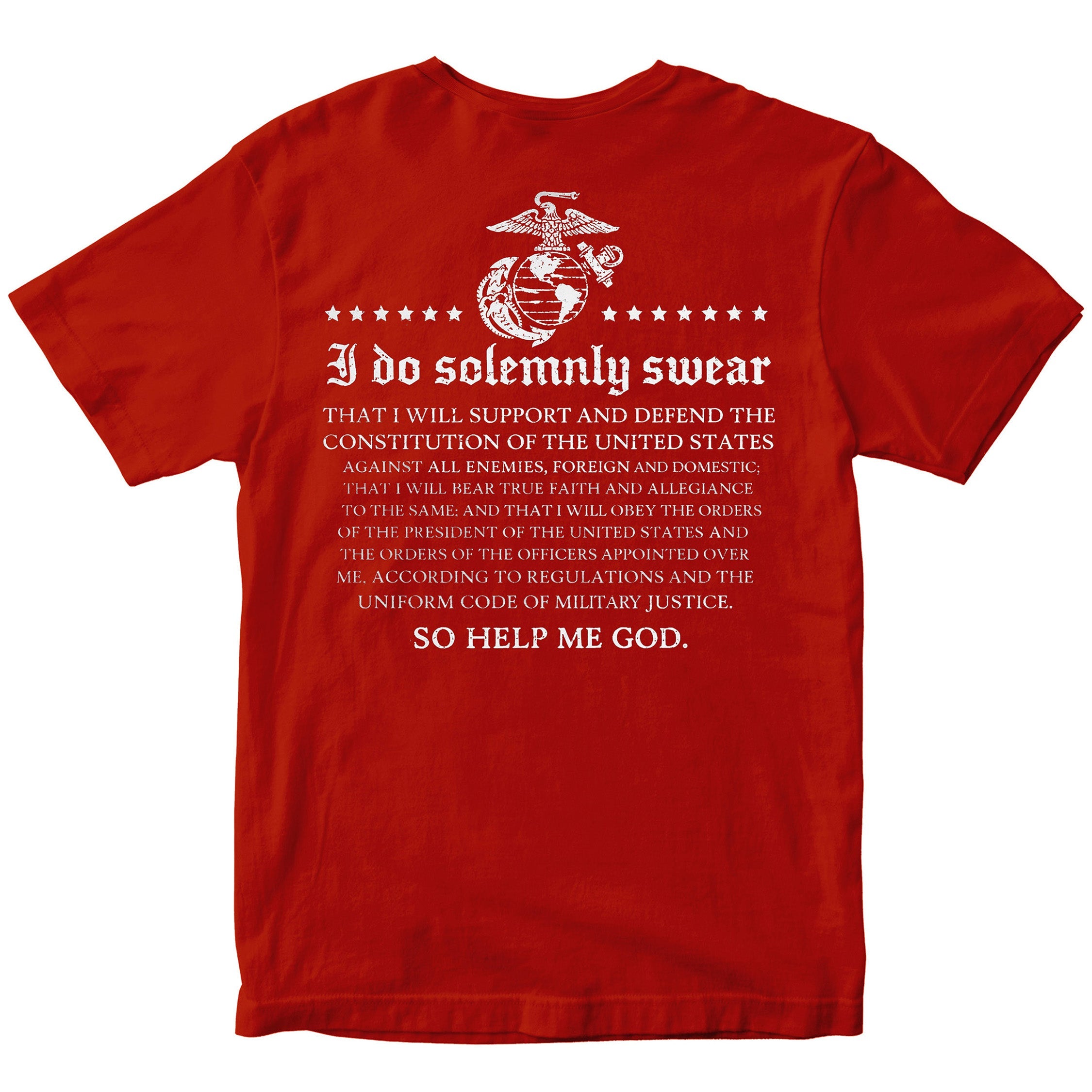 Red USMC Oath of Enlistment T-shirt with full oath text.