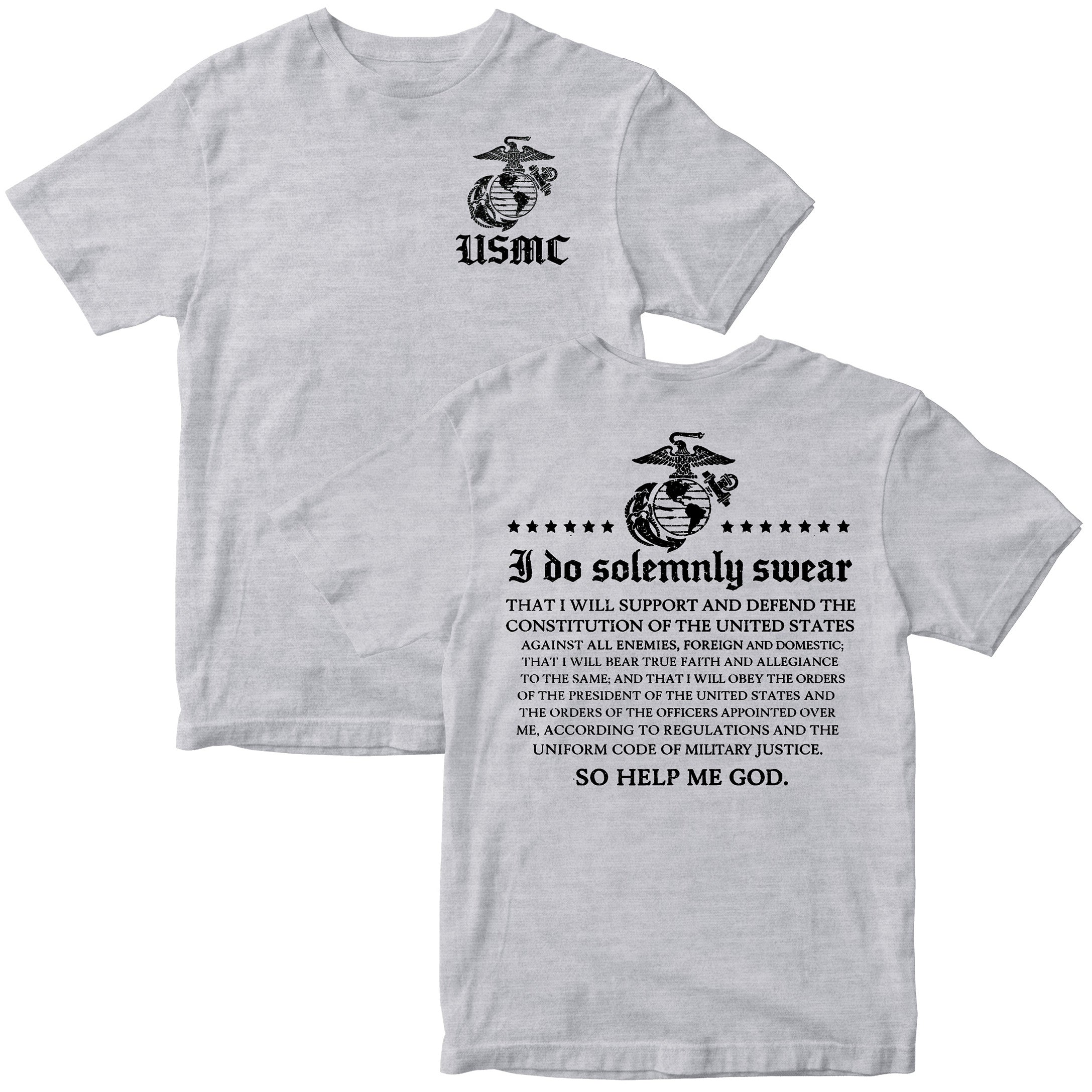 Gray USMC Oath of Enlistment T-shirt with Eagle Globe and Anchor and full oath text.