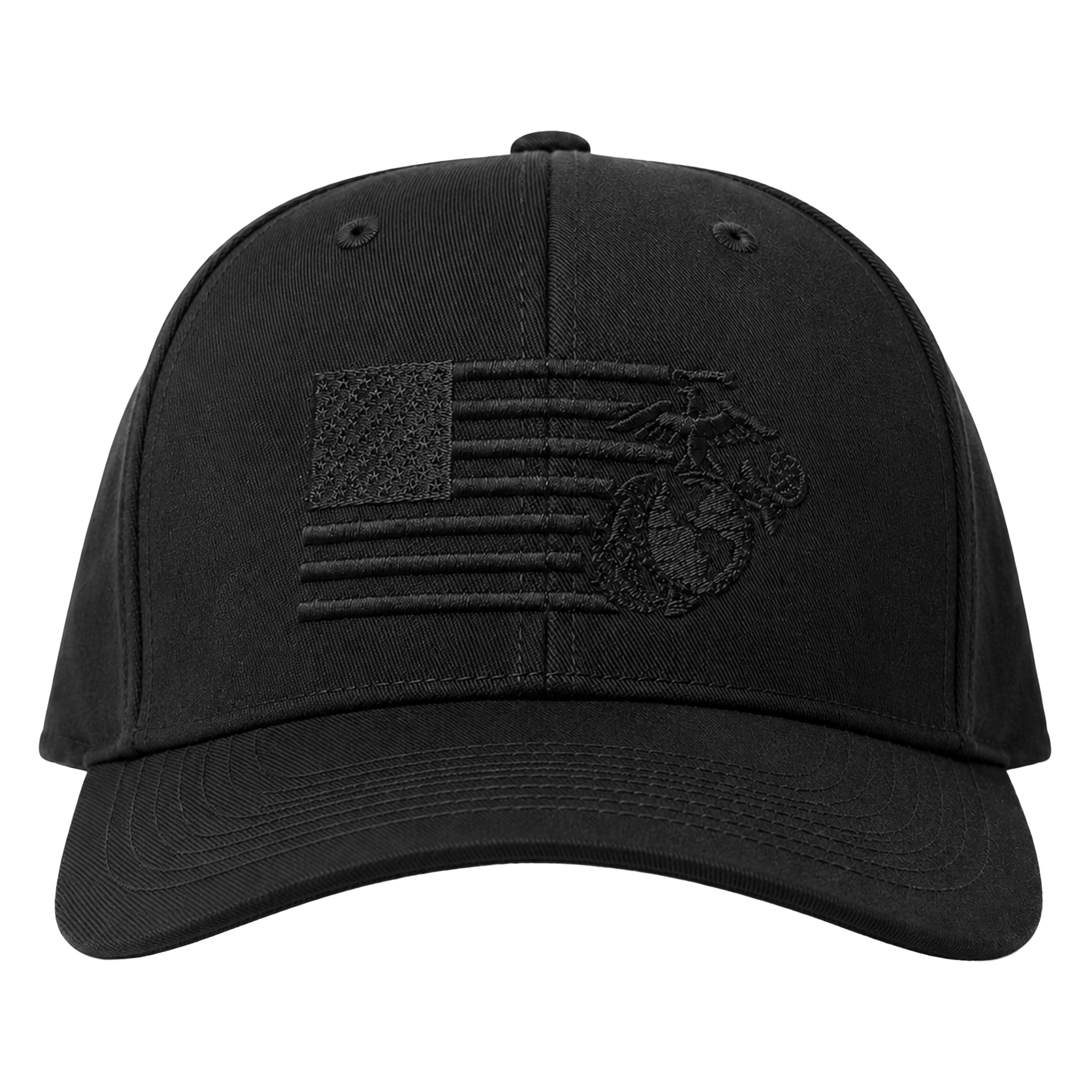 Black USMC Flexfit cap with tonal black-on-black embroidered split American flag and Eagle, Globe, and Anchor design. Marines black hat. USMC cover