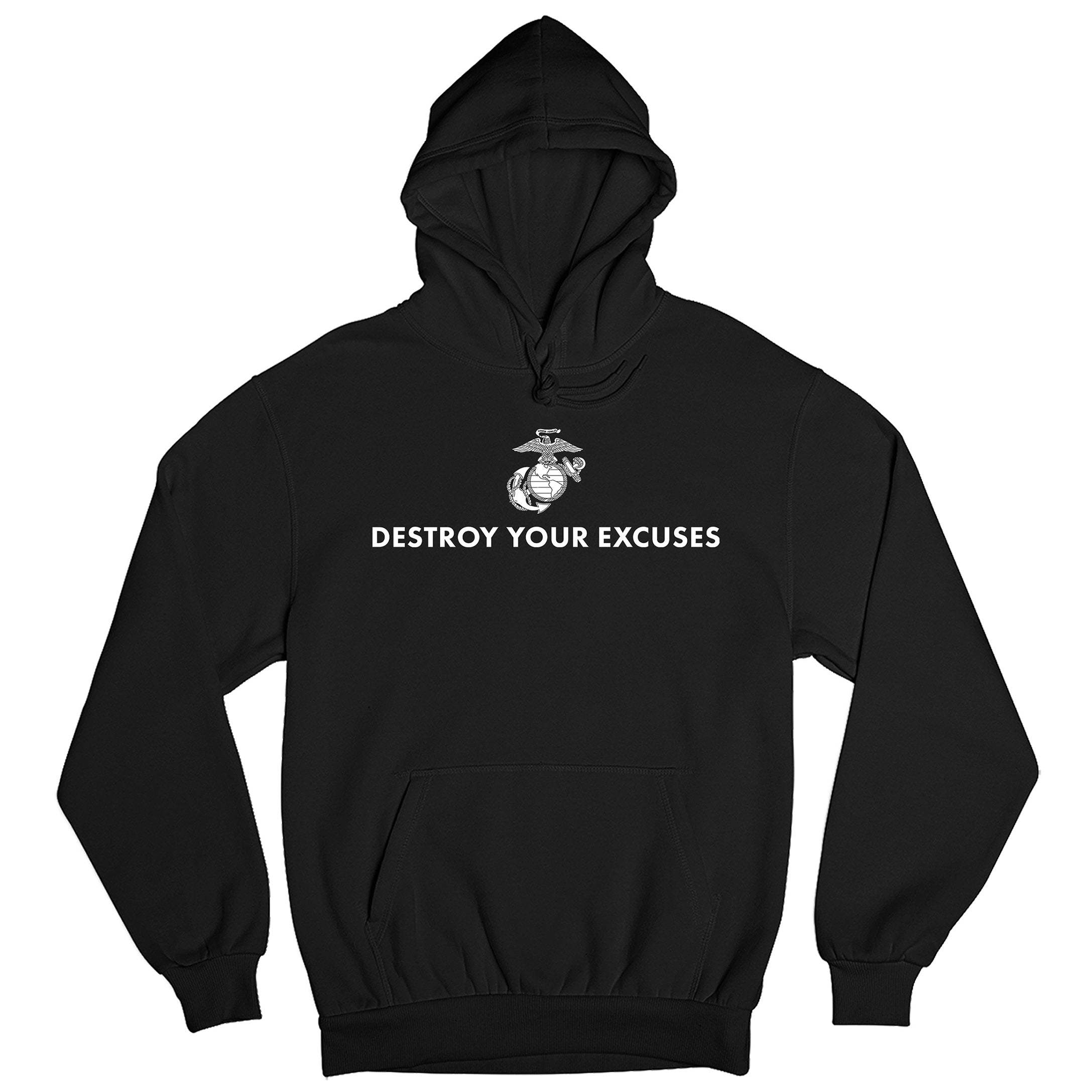 Black USMC motivational hoodie featuring ‘Destroy Your Excuses’ text and Marine Corps EGA. 