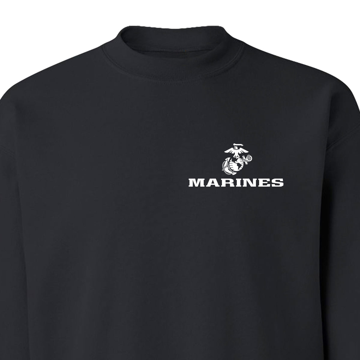 Black USMC sweatshirt with Eagle Globe Anchor chest seal and MARINES text