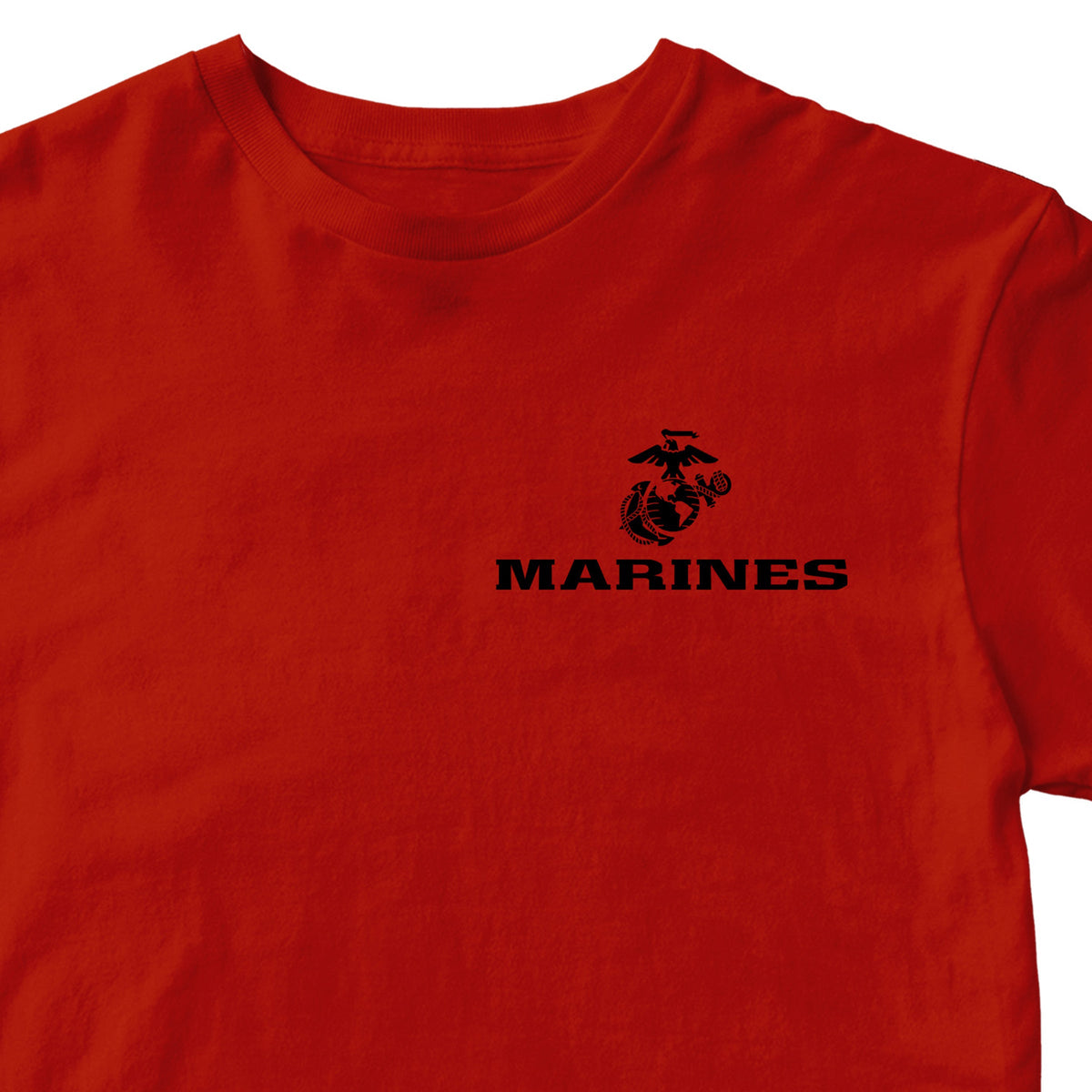 Red USMC t-shirt with Eagle Globe Anchor chest seal and MARINES text