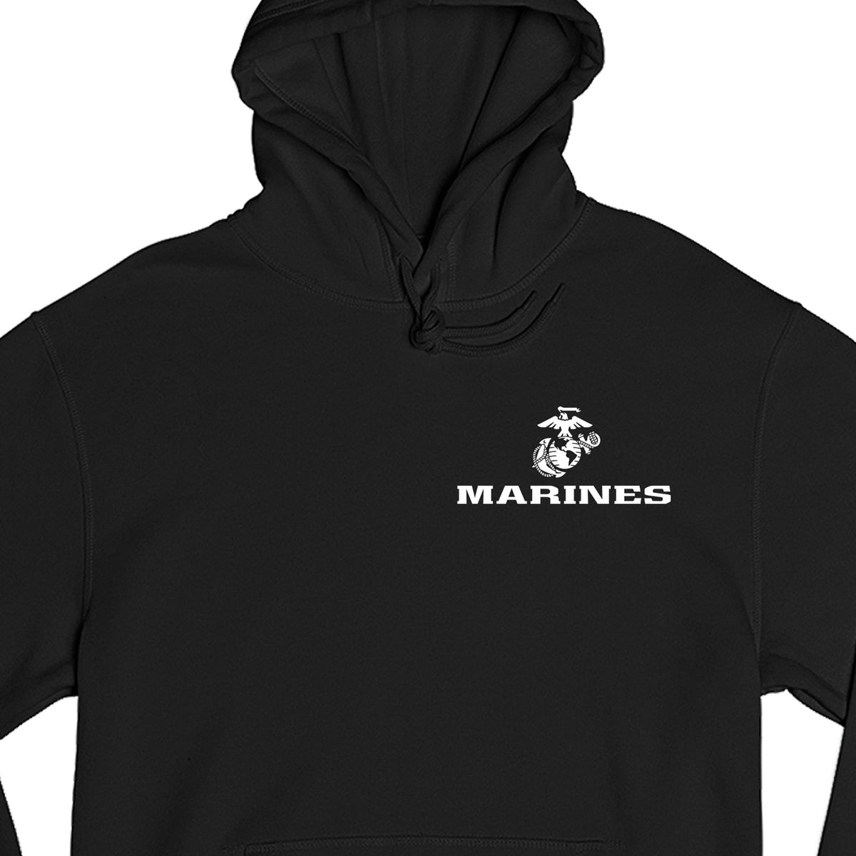 Black USMC hoodie with Eagle Globe Anchor chest seal and MARINES text