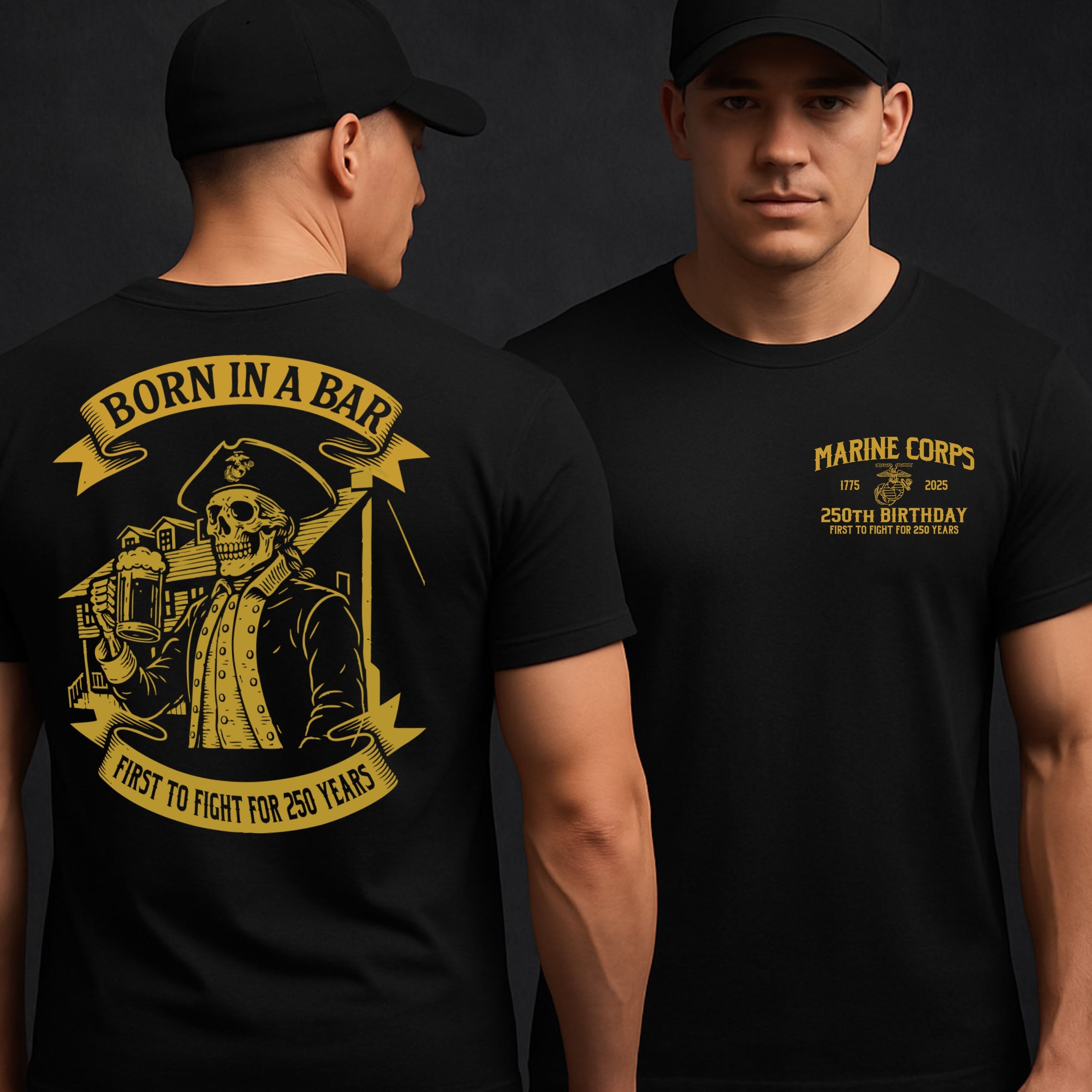 Marines Born In A Bar Skull 250th Birthday T-shirt - MADE IN USA
