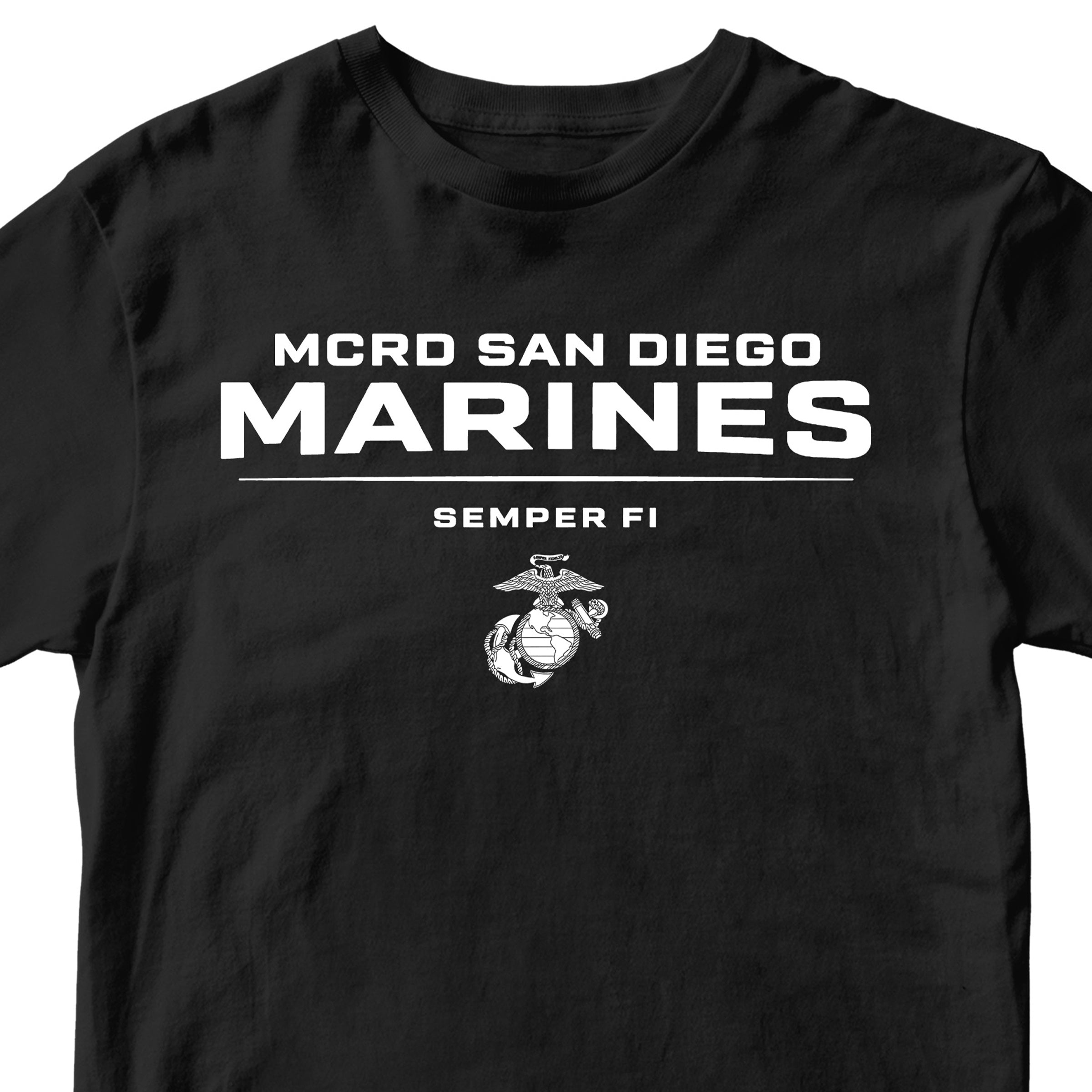 Black MCRD San Diego Marines T-shirt with EGA and Semper Fi. United States Marine Corps San Diego Tee