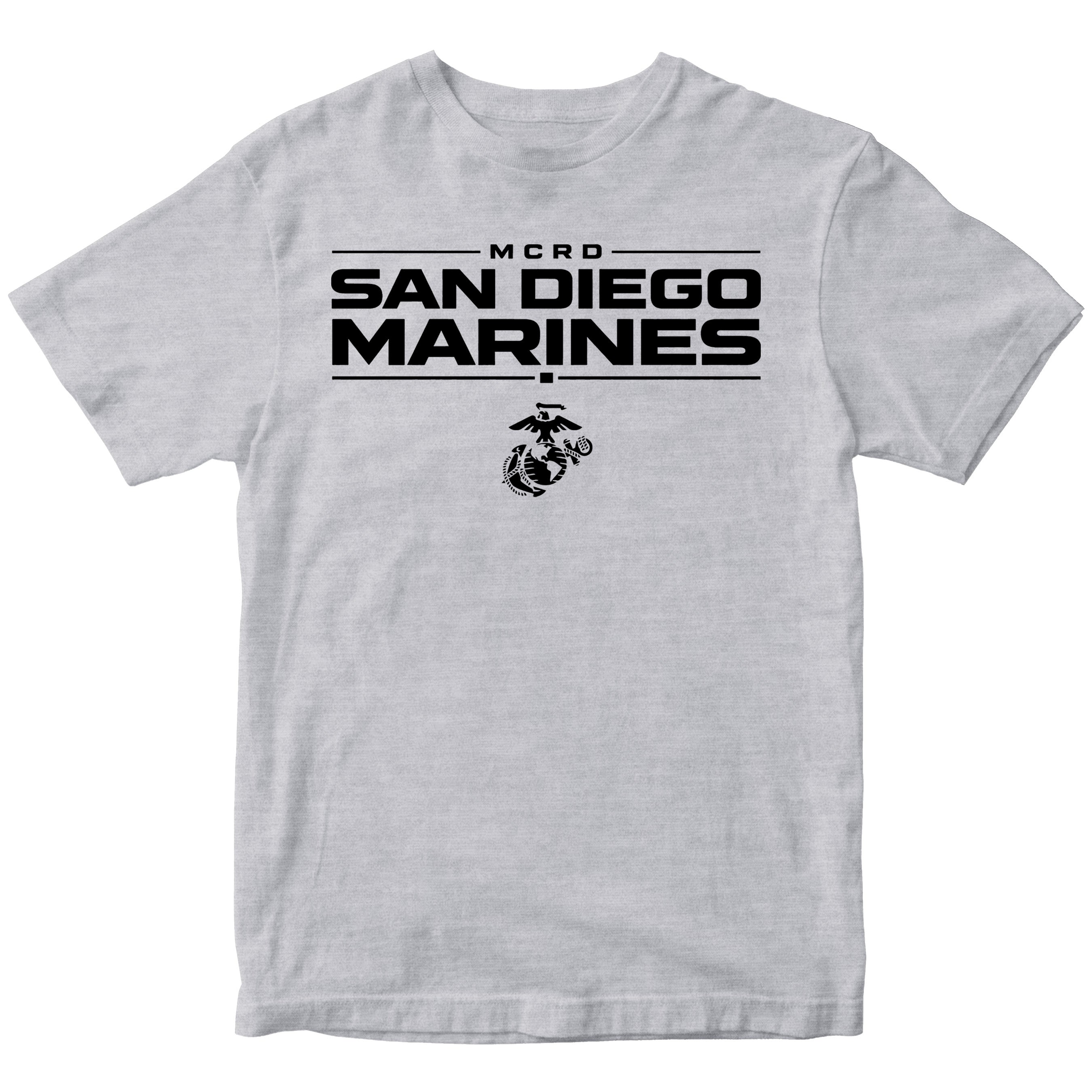 Gray MCRD San Diego Marines T-shirt with Eagle Globe and Anchor Marine Corps design. Marine Corps MCRD San Diego Tee