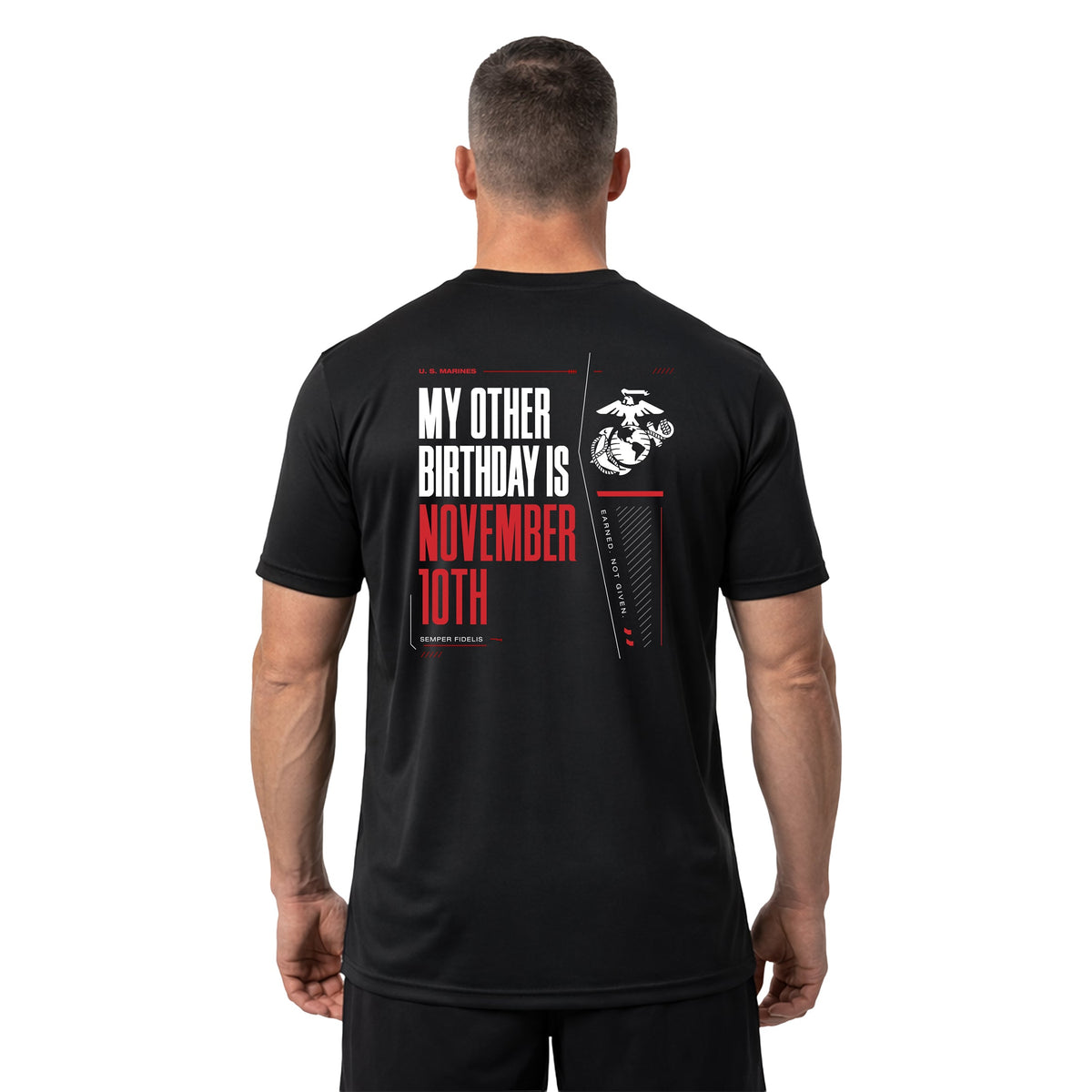Black USMC My Other Birthday Is November 10th performance T-shirt with Marine Corps Birthday back graphic