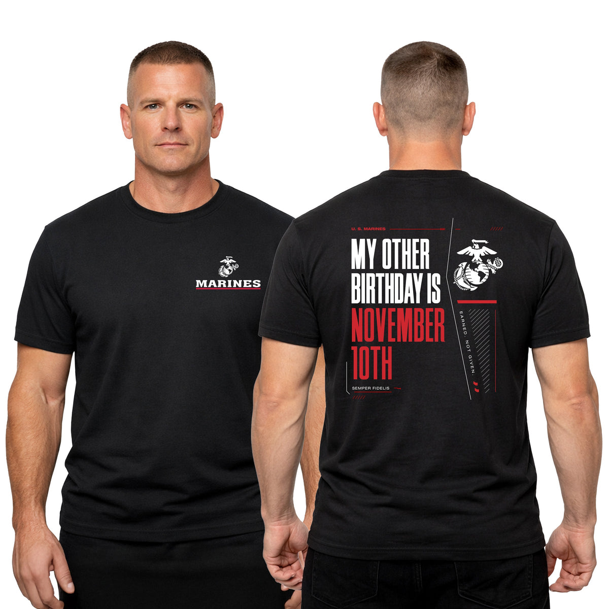 Black USMC My Other Birthday Is November 10th T-shirt with Marines Red Line EGA chest seal and Marine Corps Birthday back graphic