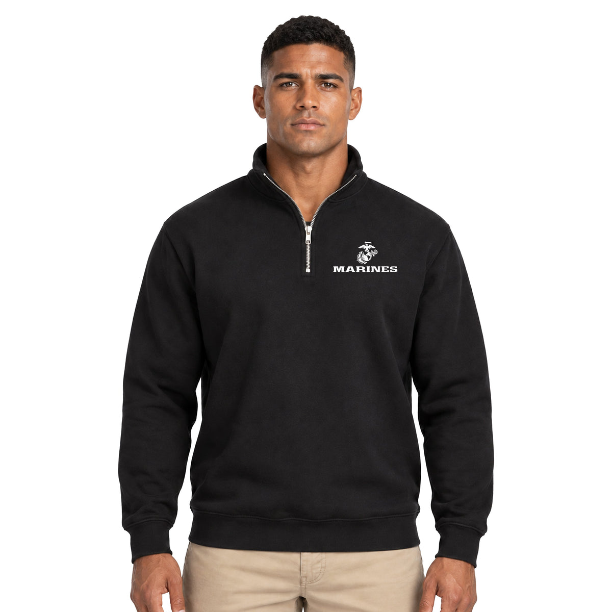 Model wearing Black Marines Eagle Globe and Anchor midweight quarter-zip pullover