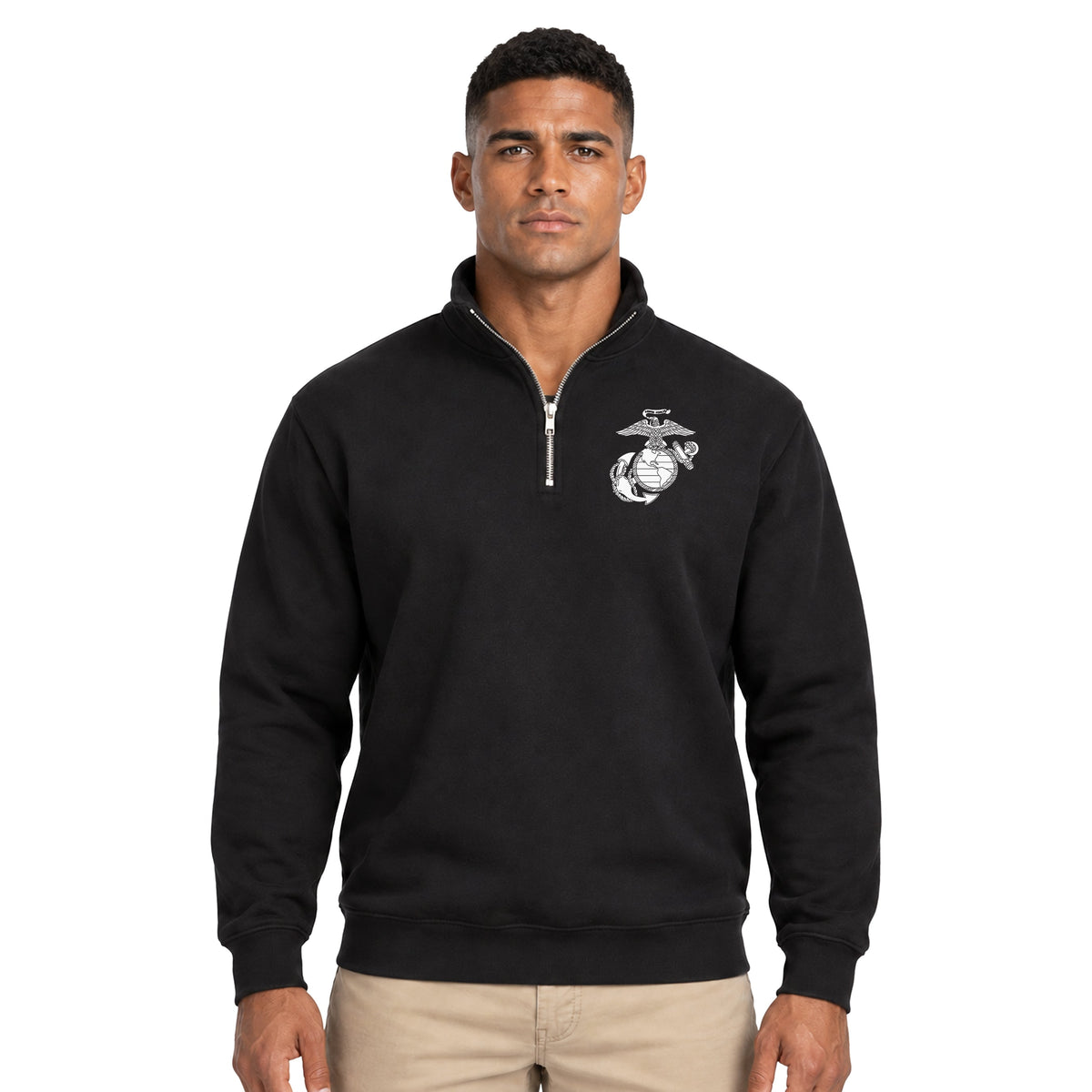 Model wearing Black Vintage Marines Eagle Globe and Anchor midweight quarter-zip pullover